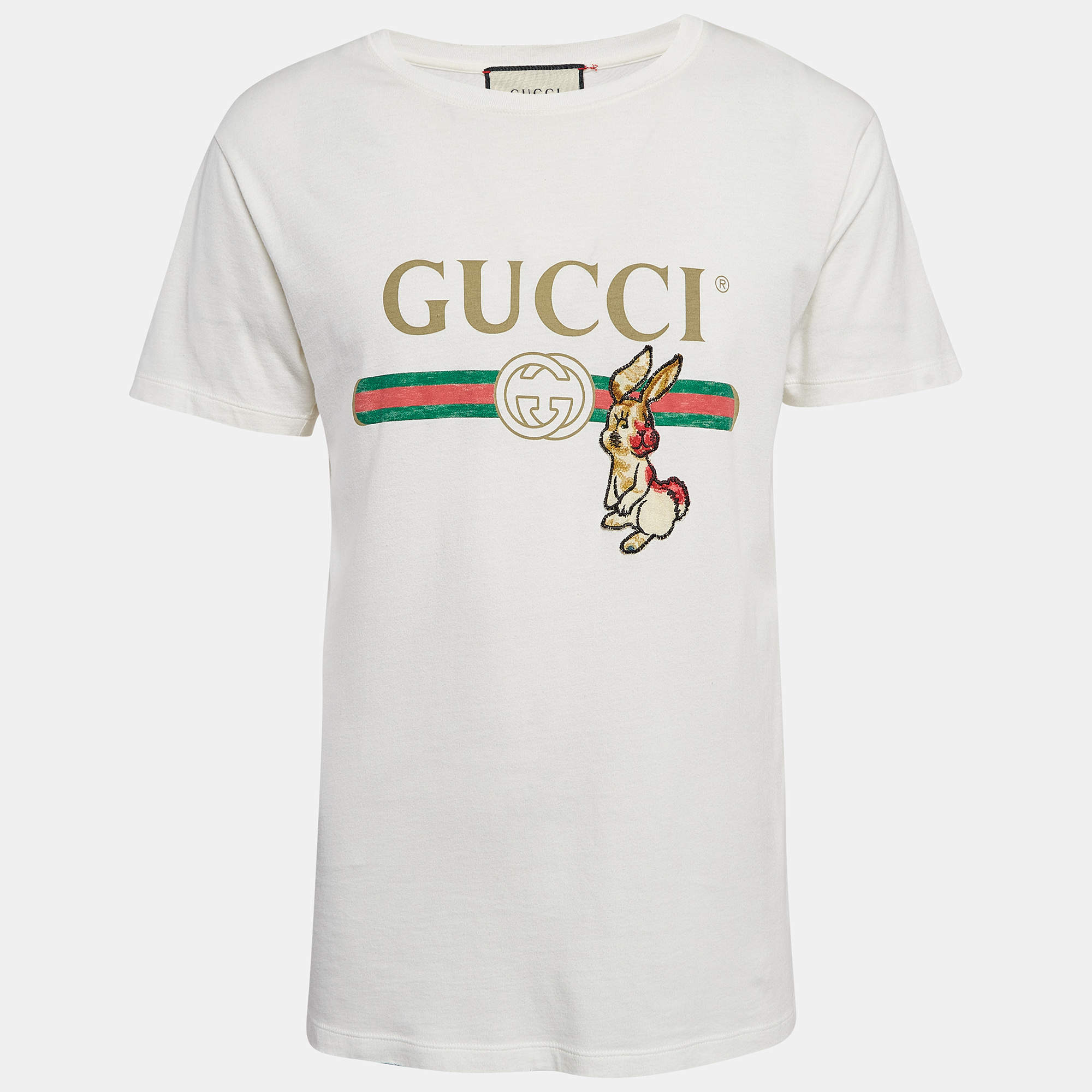 Gucci Off-White Logo Print Cotton Knit Rabbit Patch Detail T-Shirt XS