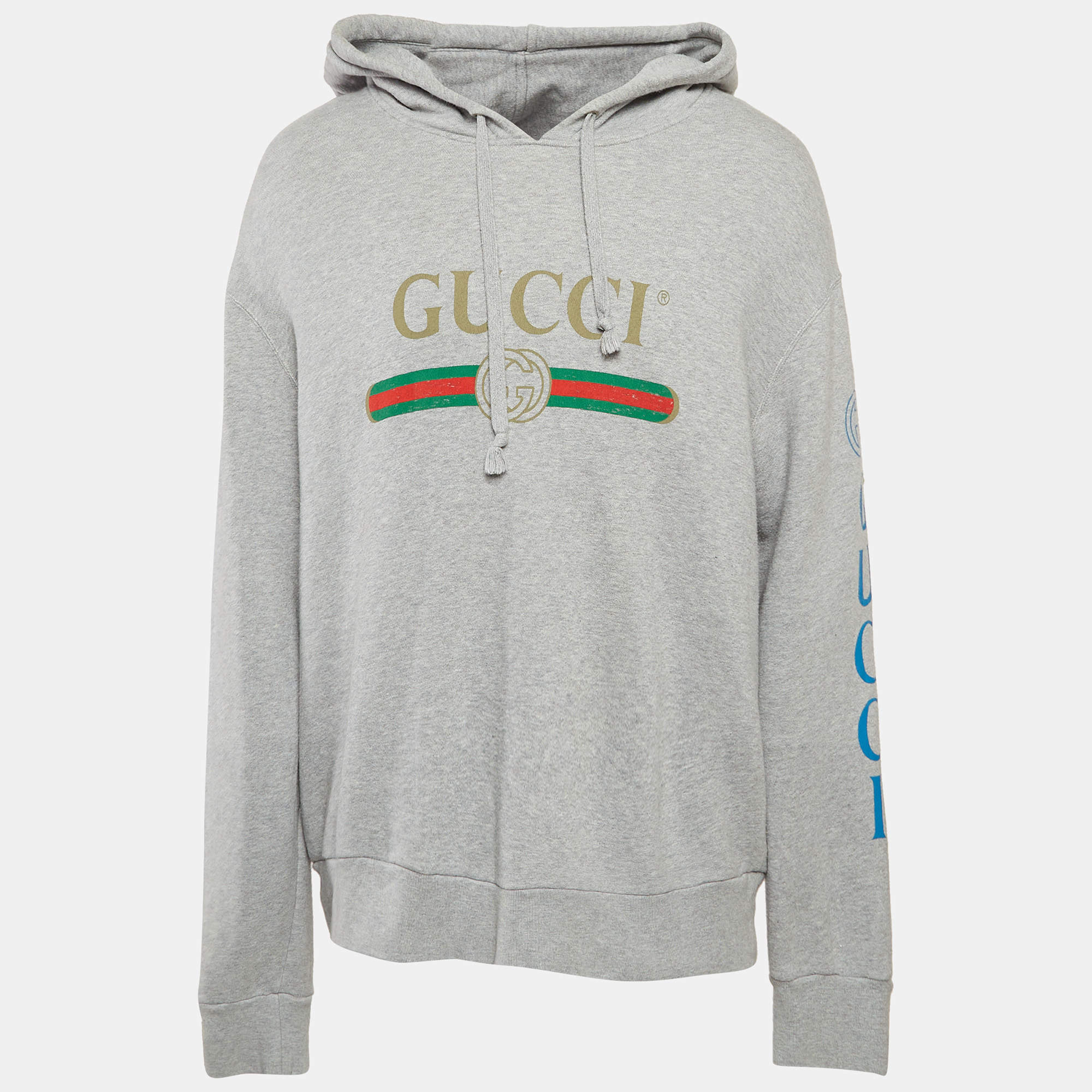 Pre Owned Gucci Grey Logo Print Dragon Embroidered Cotton Hoodie XL