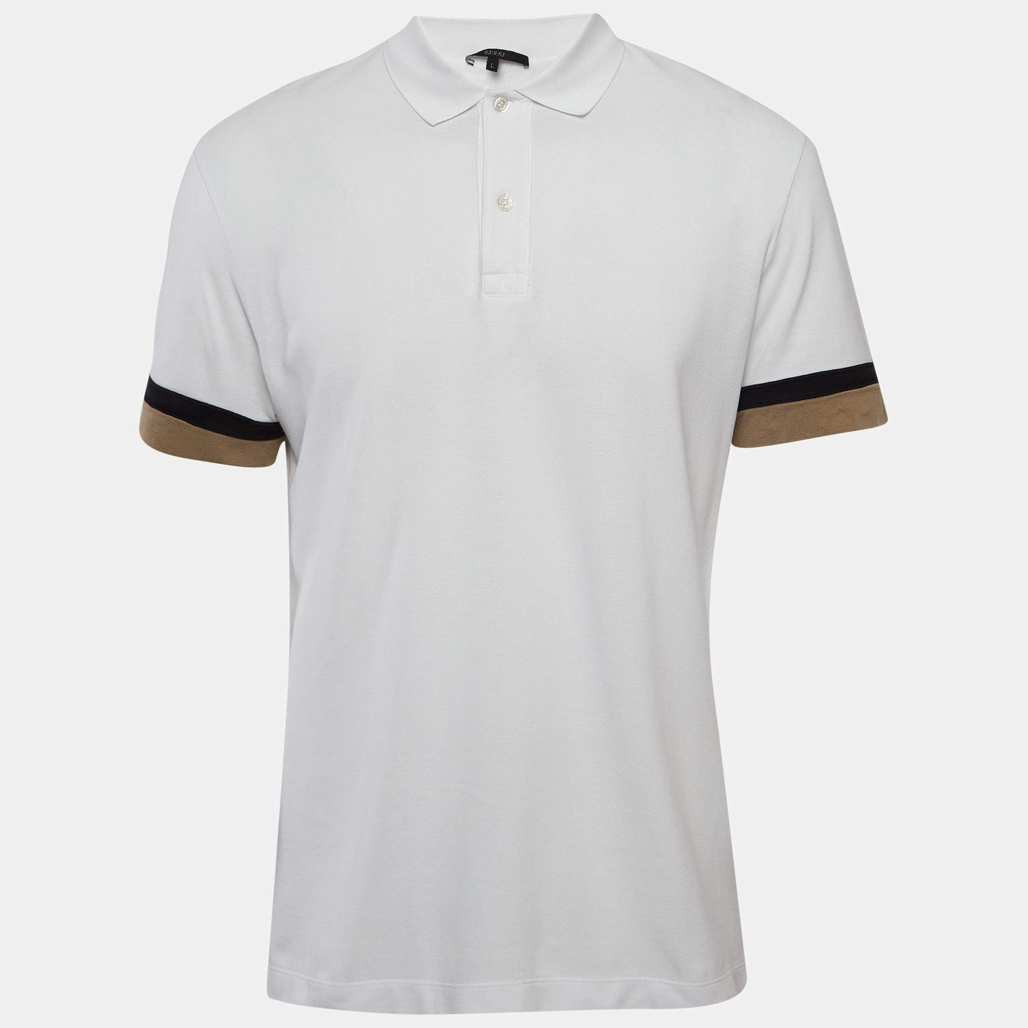 Gucci White Cotton Cut & Sew Paneled Sleeve Polo T-Shirt L