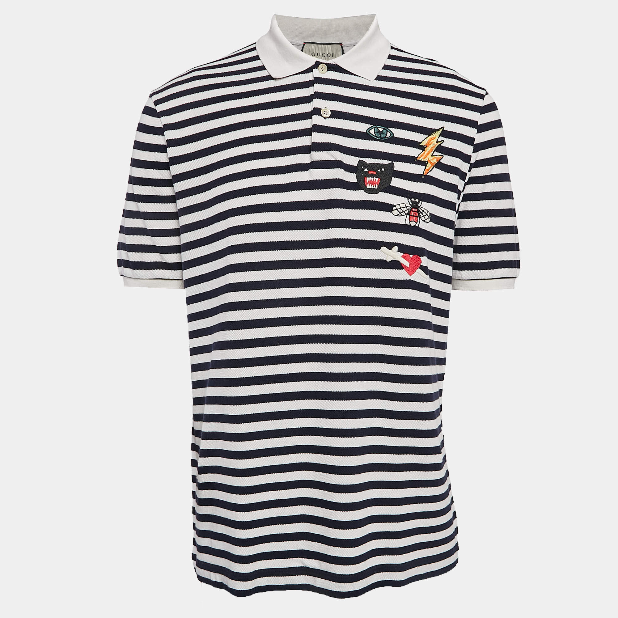 Pre Owned Gucci Navy Blue/White Striped Pique Cotton Polo T-Shirt XL