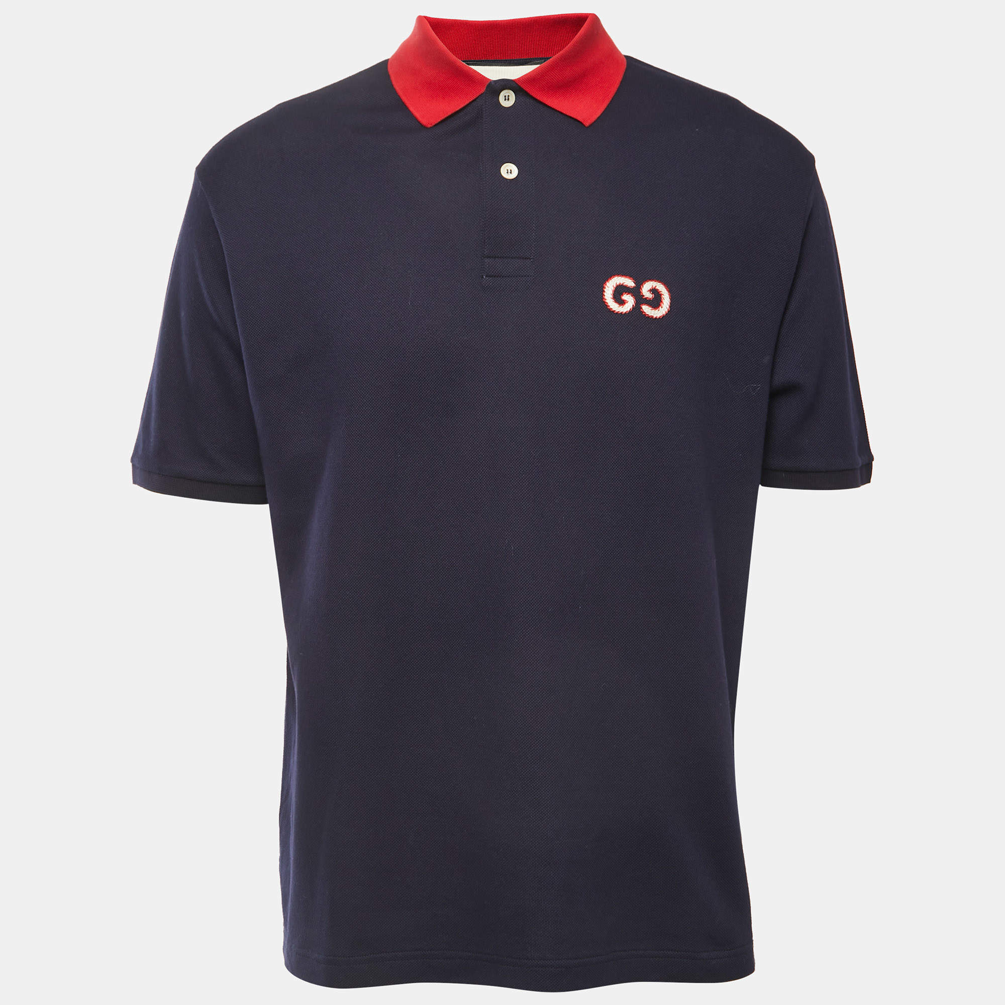 Pre Owned Gucci Navy Blue GG Embroidered Pique Polo T-Shirt M