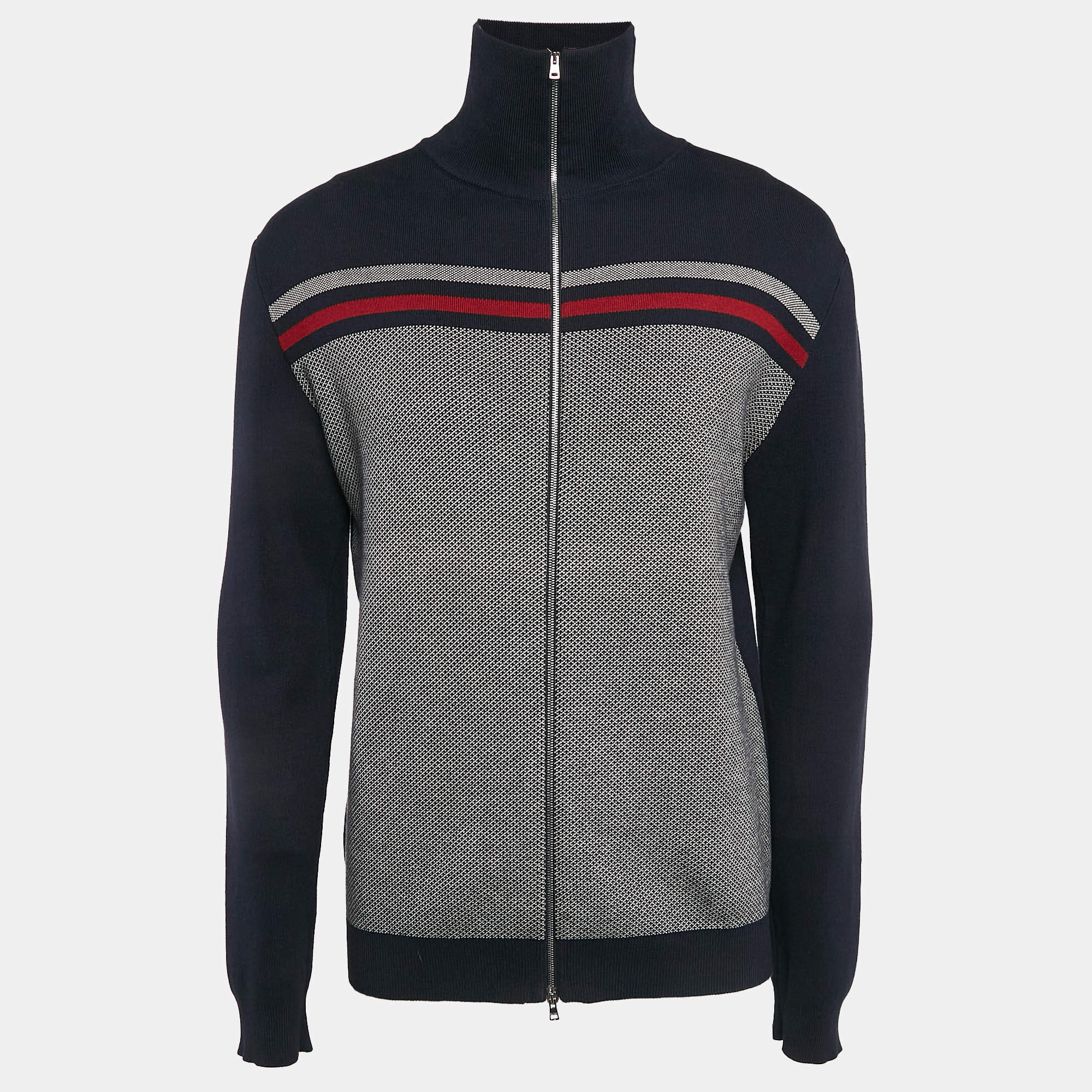 Gucci Navy Blue Patterned Cotton Knit Zip Front Jacket XL