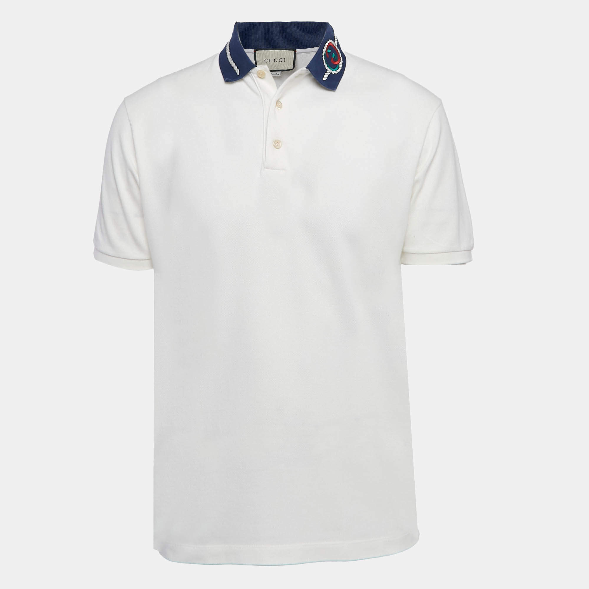 Gucci White GG Embroidered Cotton Pique Polo T-Shirt M