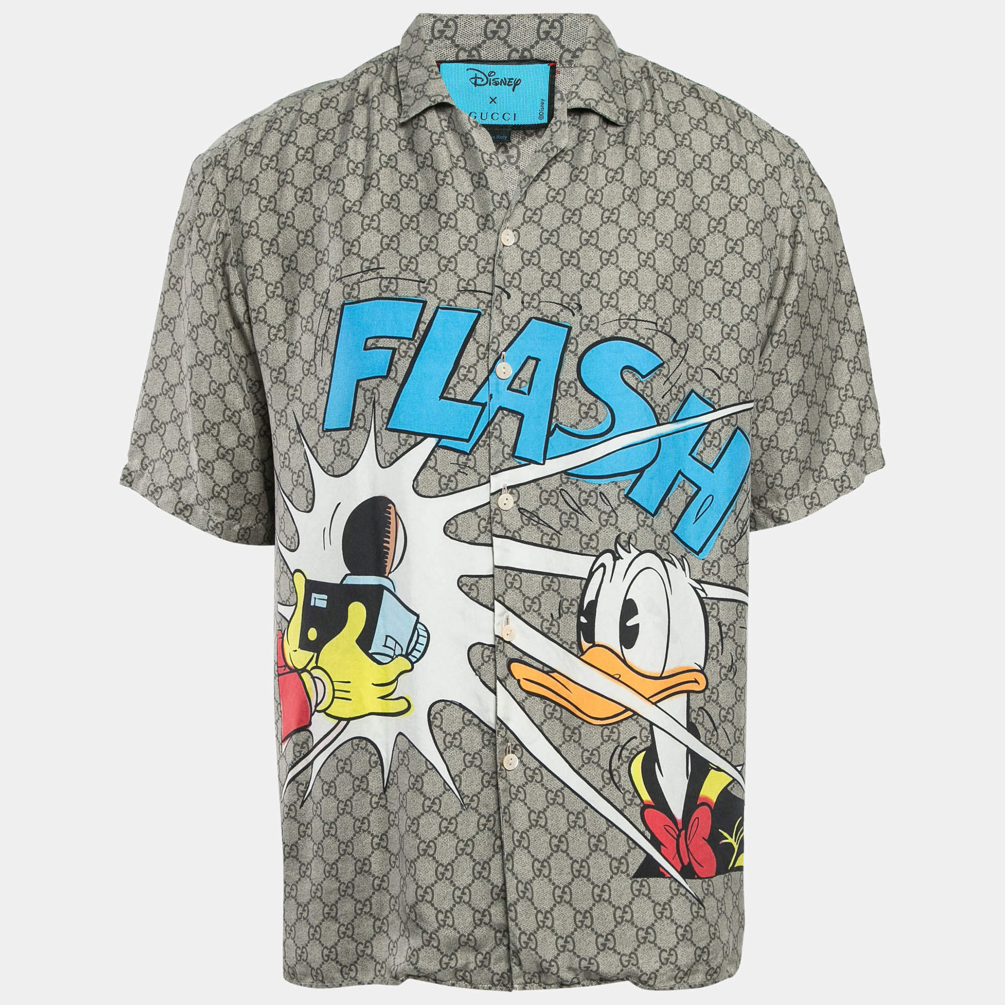 Pre Owned Gucci X Disney Brown GG Donald Duck 'Flash' Print  Silk Shirt M