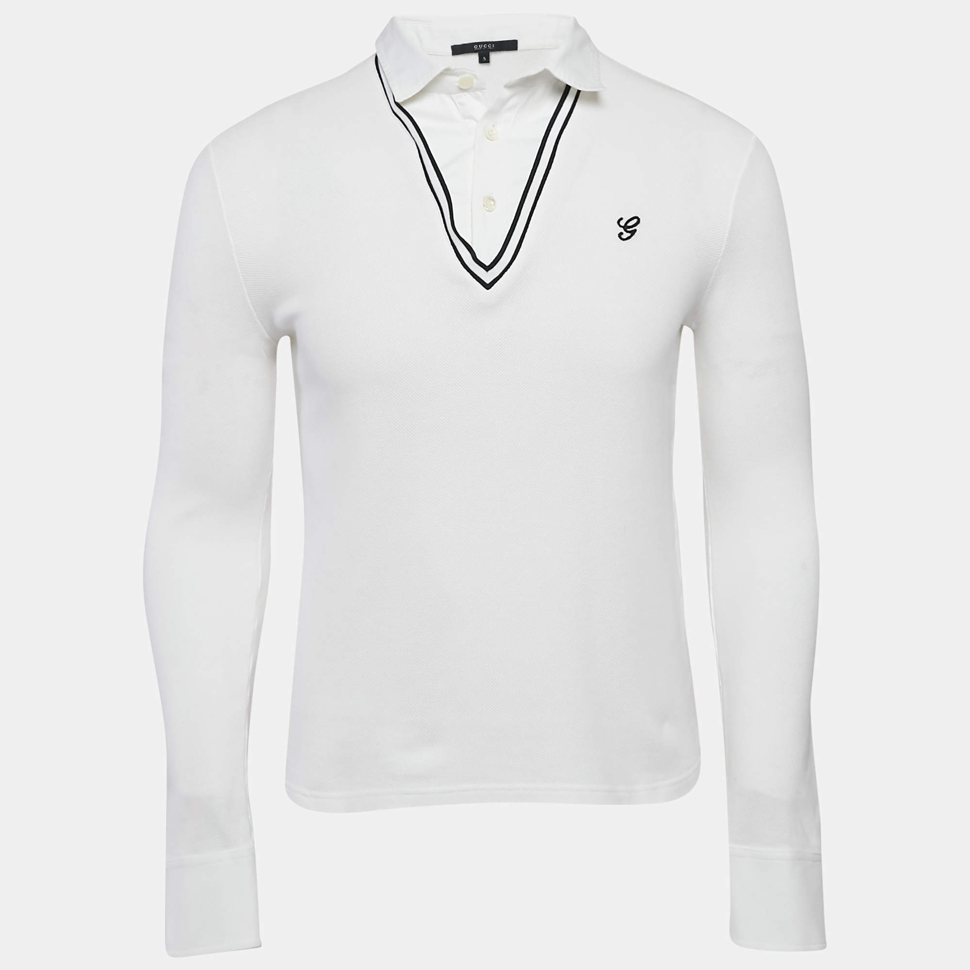 Pre Owned Gucci White Cotton Pique Long Sleeve Polo T-Shirt S