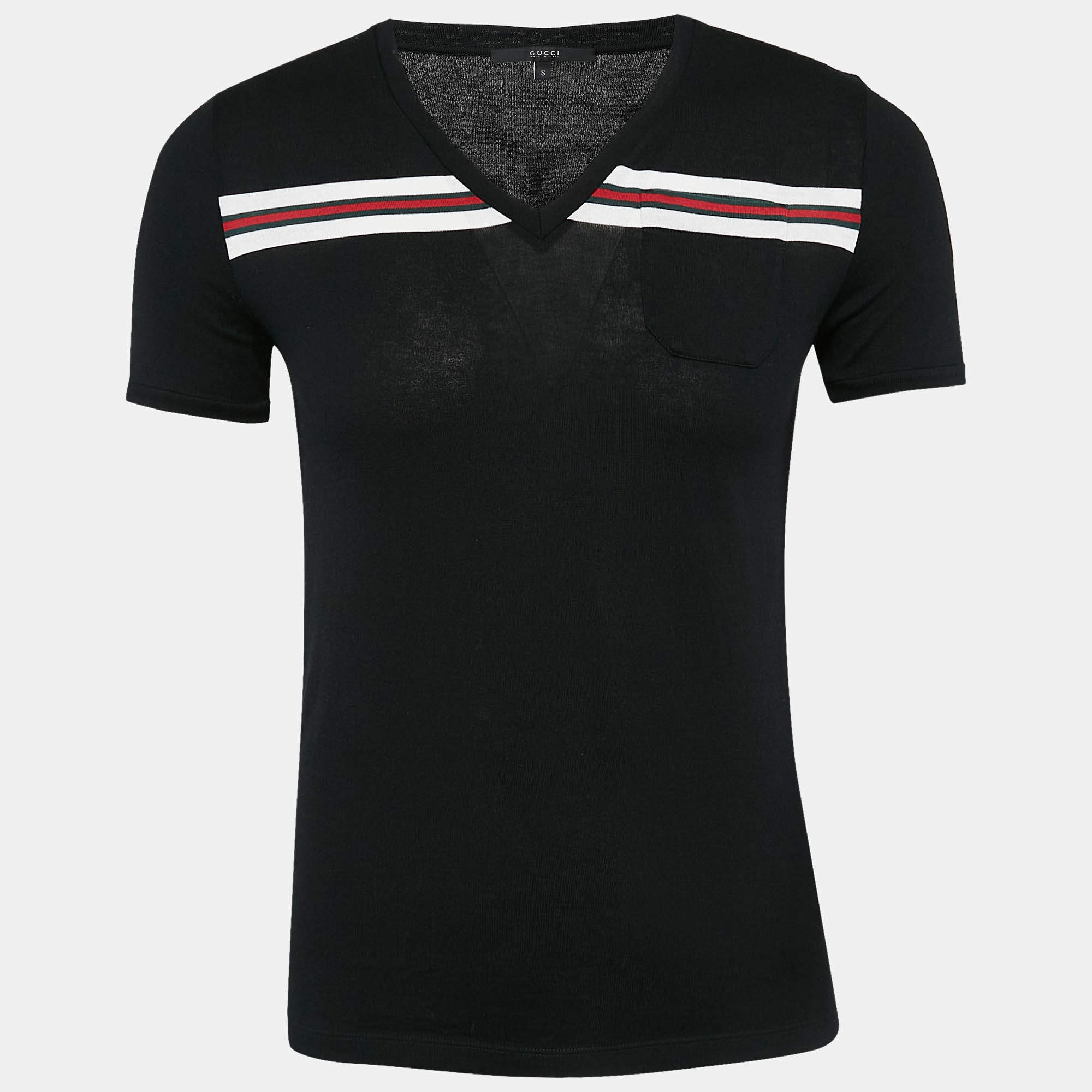 Gucci Black Web Cotton Knit V-Neck T-Shirt S
