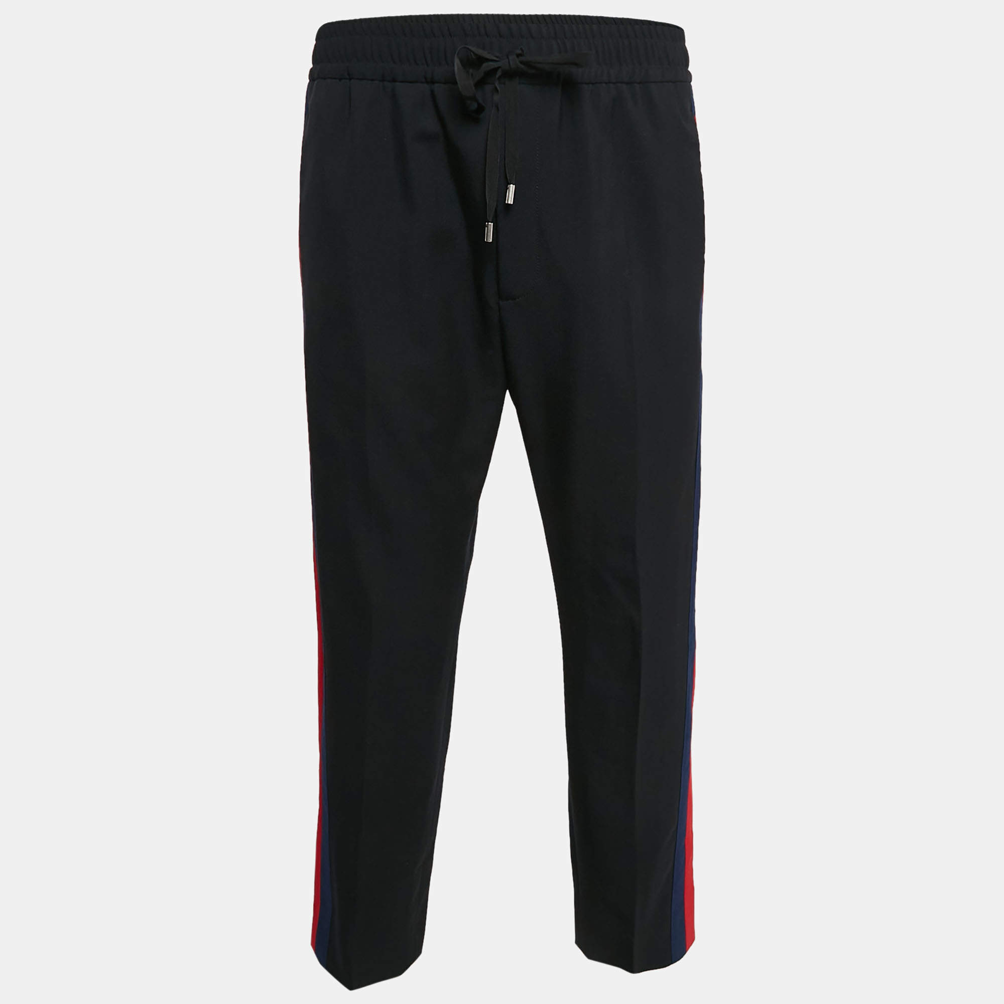 Pre Owned Gucci Black Side Stripe Wool Straight Leg Trousers XL