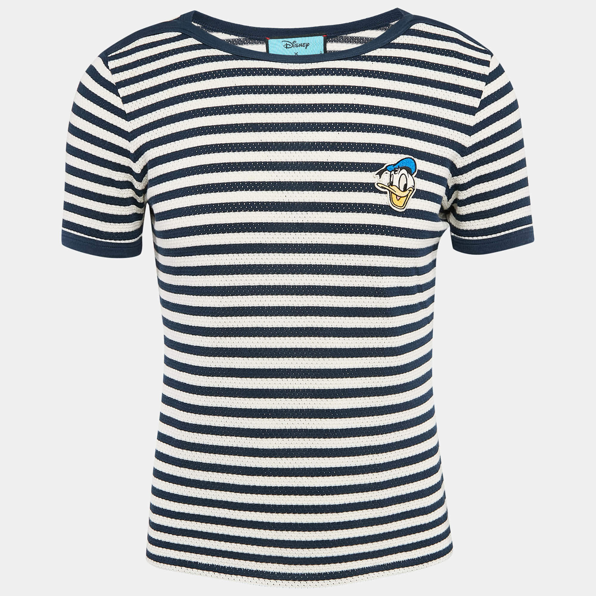 Pre Owned Gucci X Disney Blue/White Donald Duck Applique Striped Jersey T-Shirt M