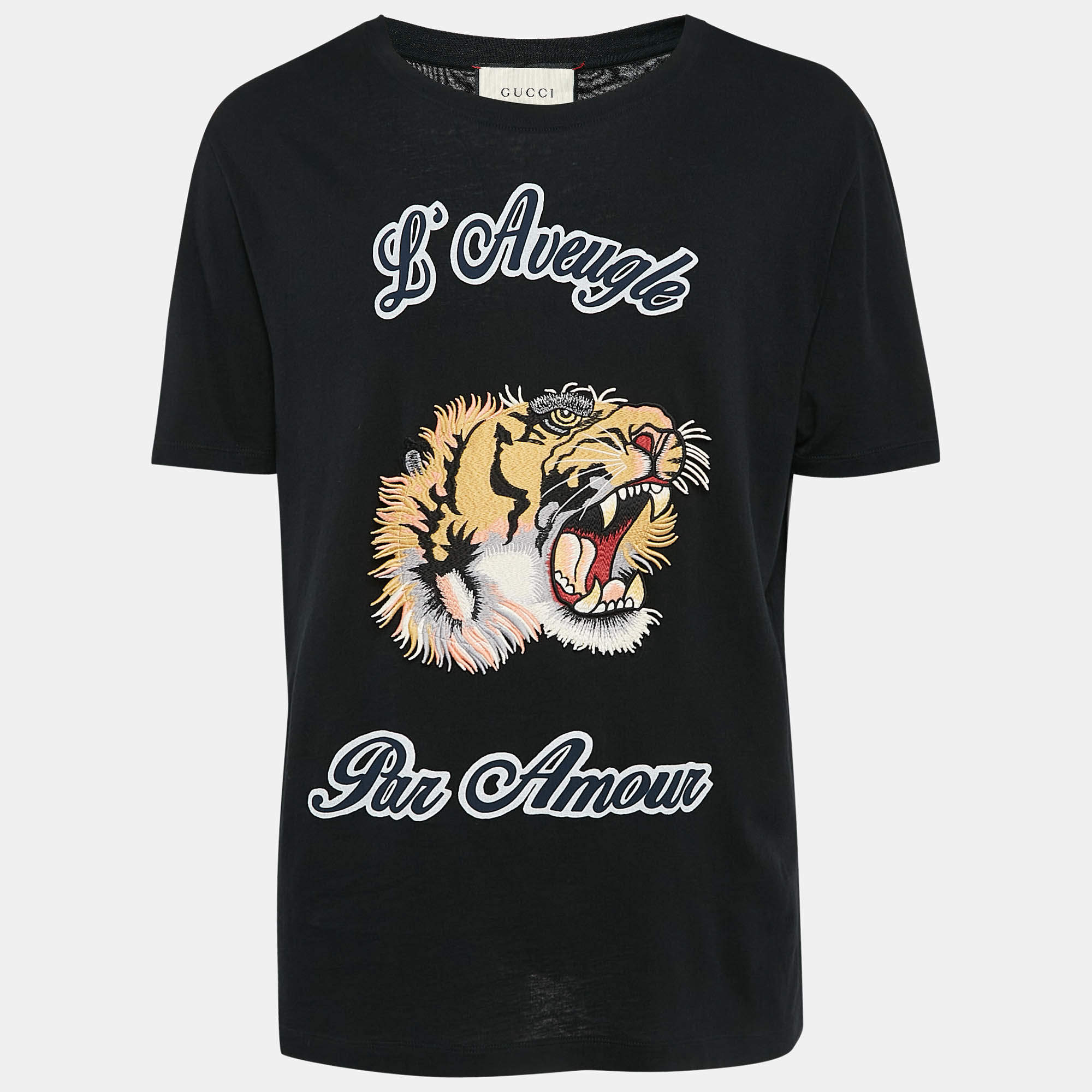 Gucci Black Tiger Patch Cotton Round Neck T Shirt L Gucci TLC