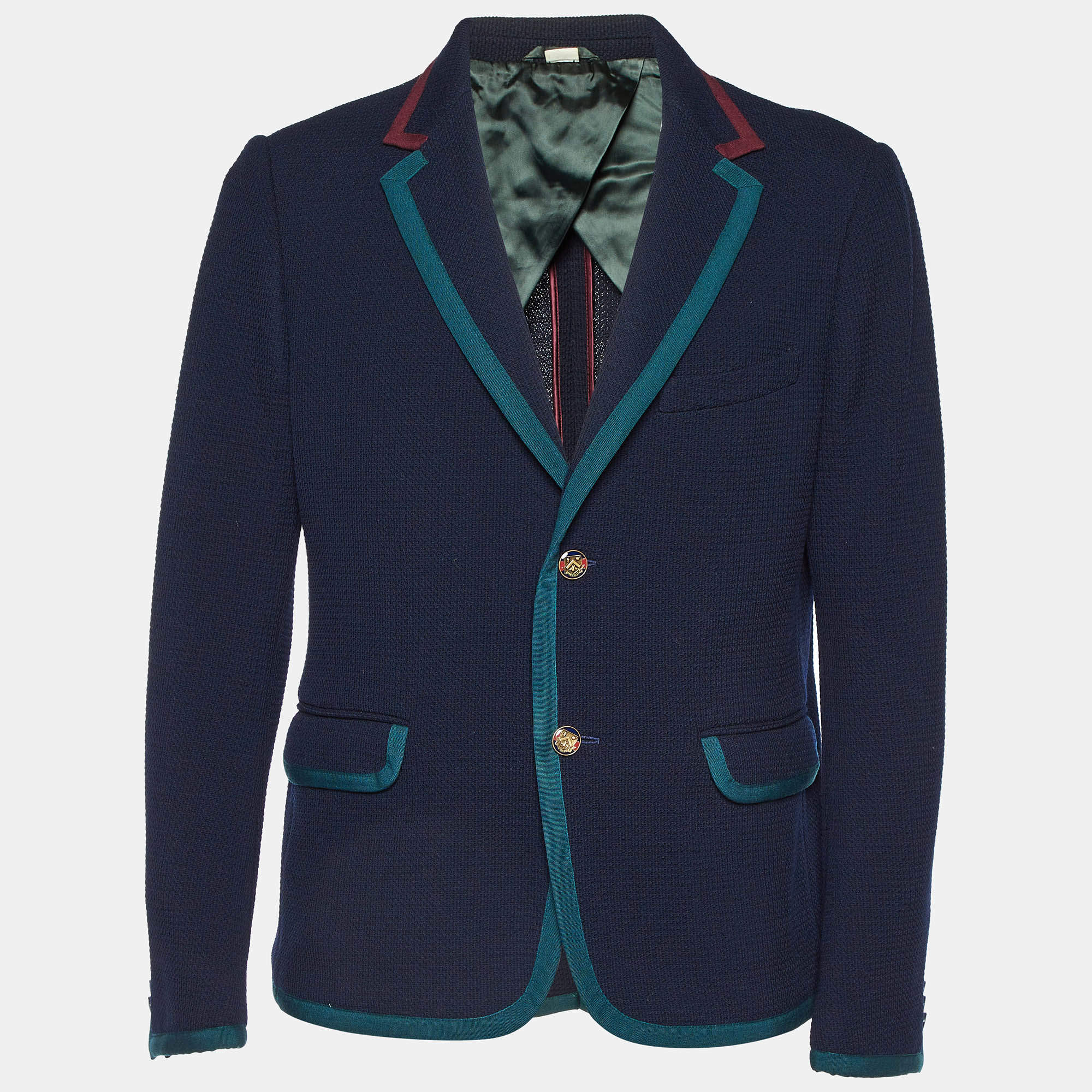 Gucci Navy Blue Textured Wool Knit Cambridge Jacket XL