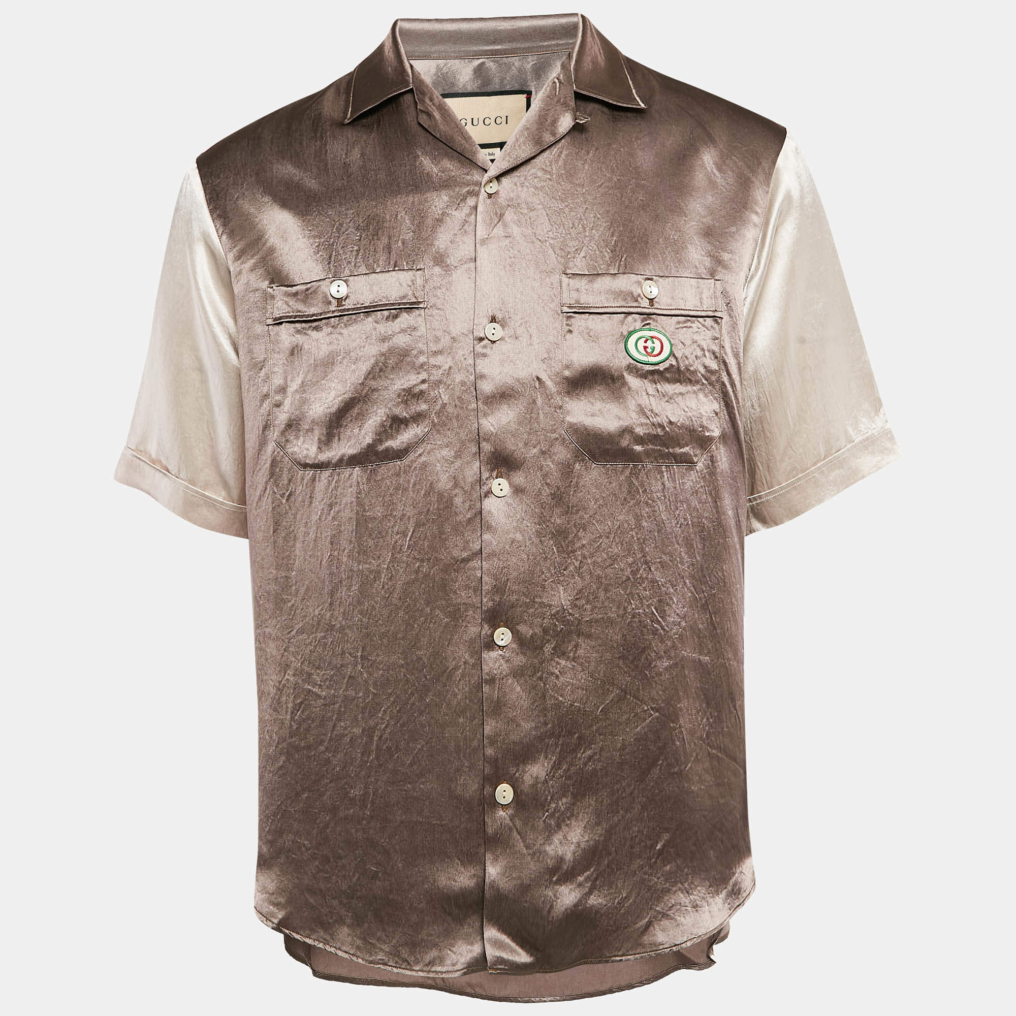 Gucci Brown Logo Applique Satin Hawaii Bowling Shirt S