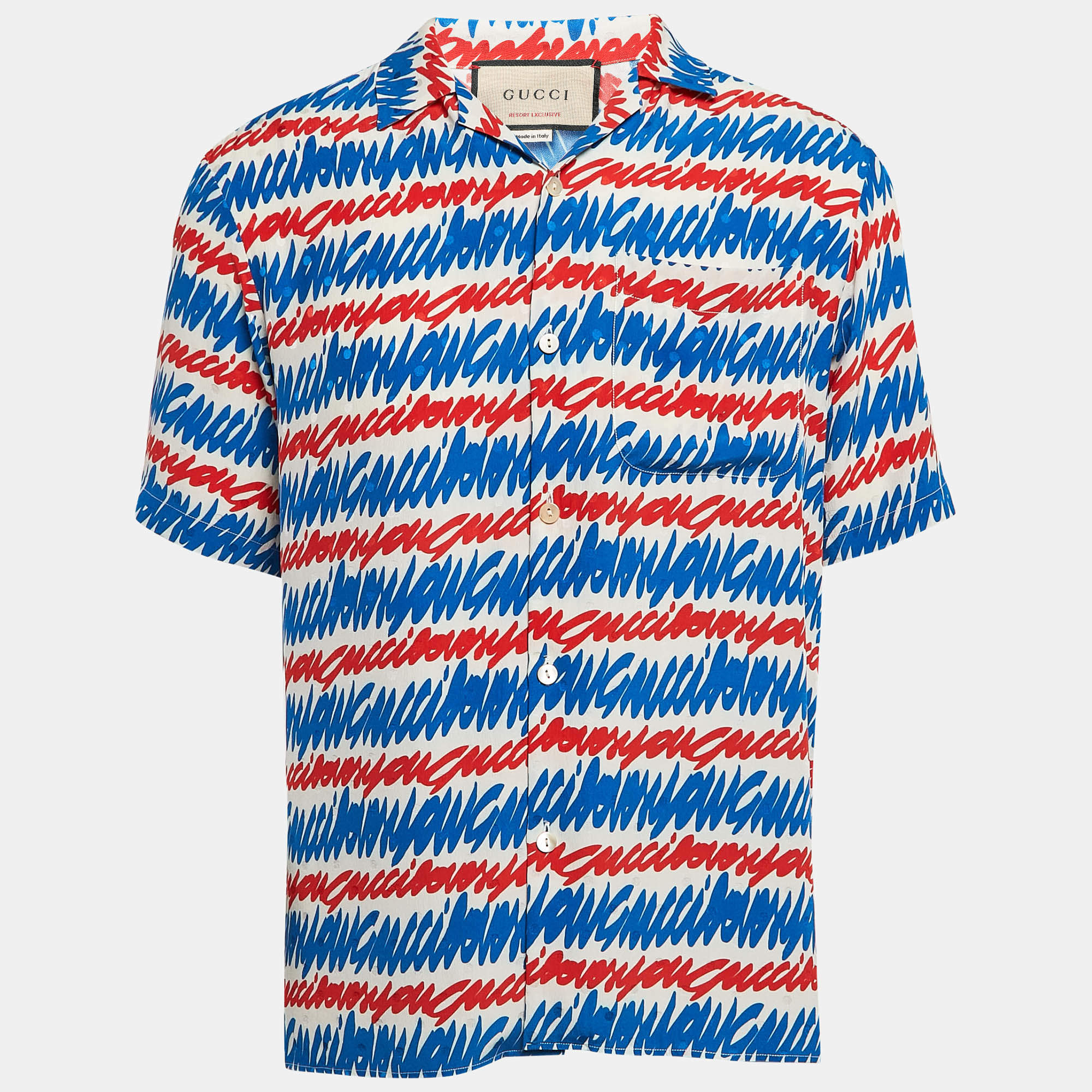 Gucci Red/Blue I Love You Print Silk Short Sleeve Shirt S