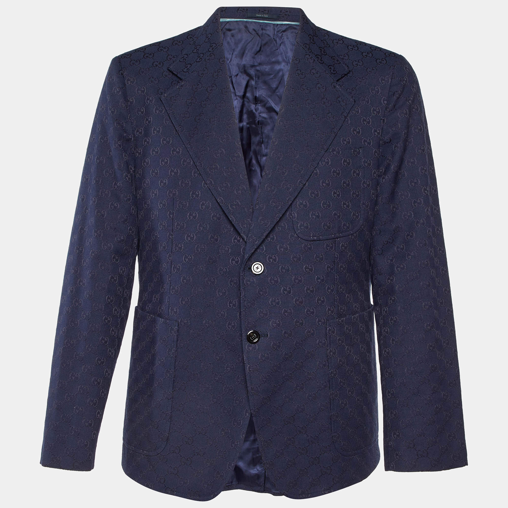 Gucci Navy Blue GG Supreme Jacquard Cotton Blend Blazer XXL