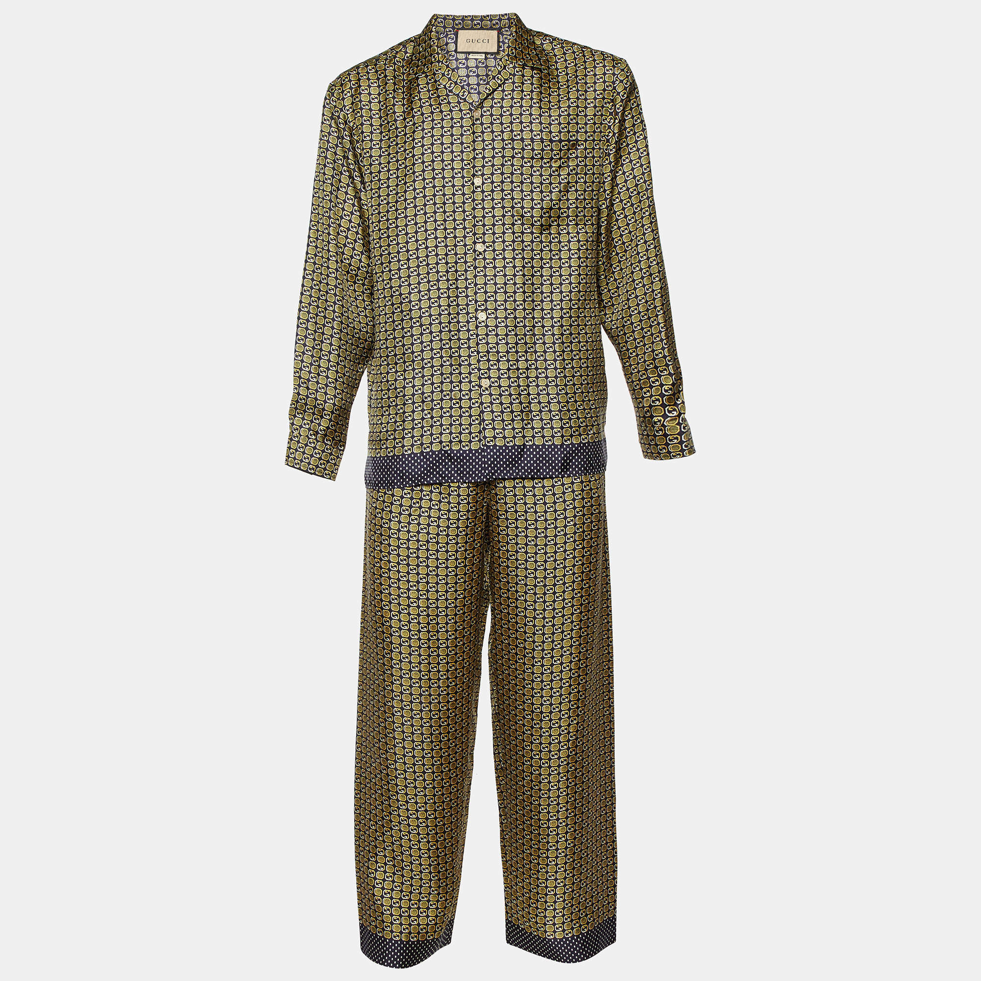Gucci Yellow/Blue Logo Print Silk Shirt and Pant Set M