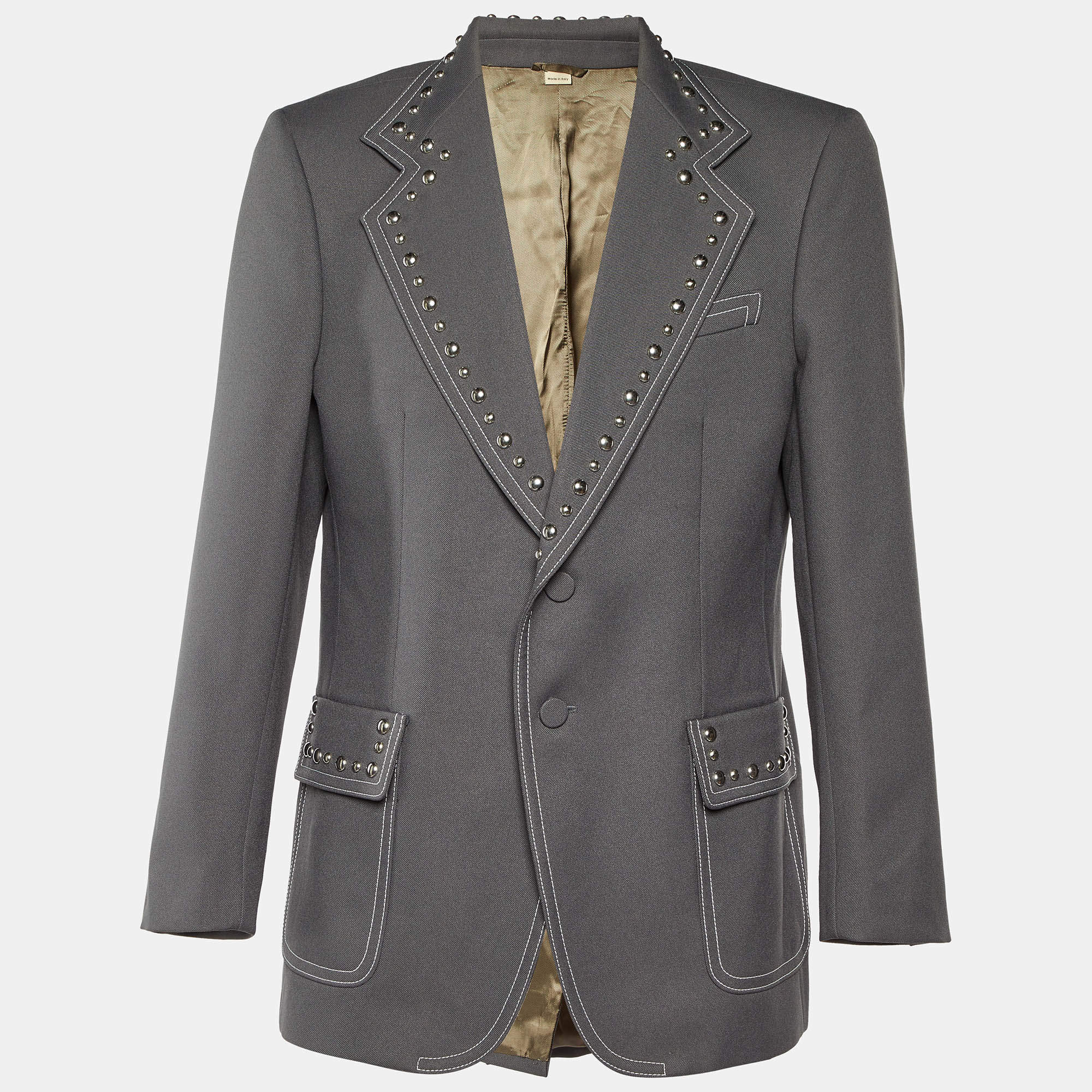 Gucci Grey Gabardine Studded Single Breasted Blazer XL