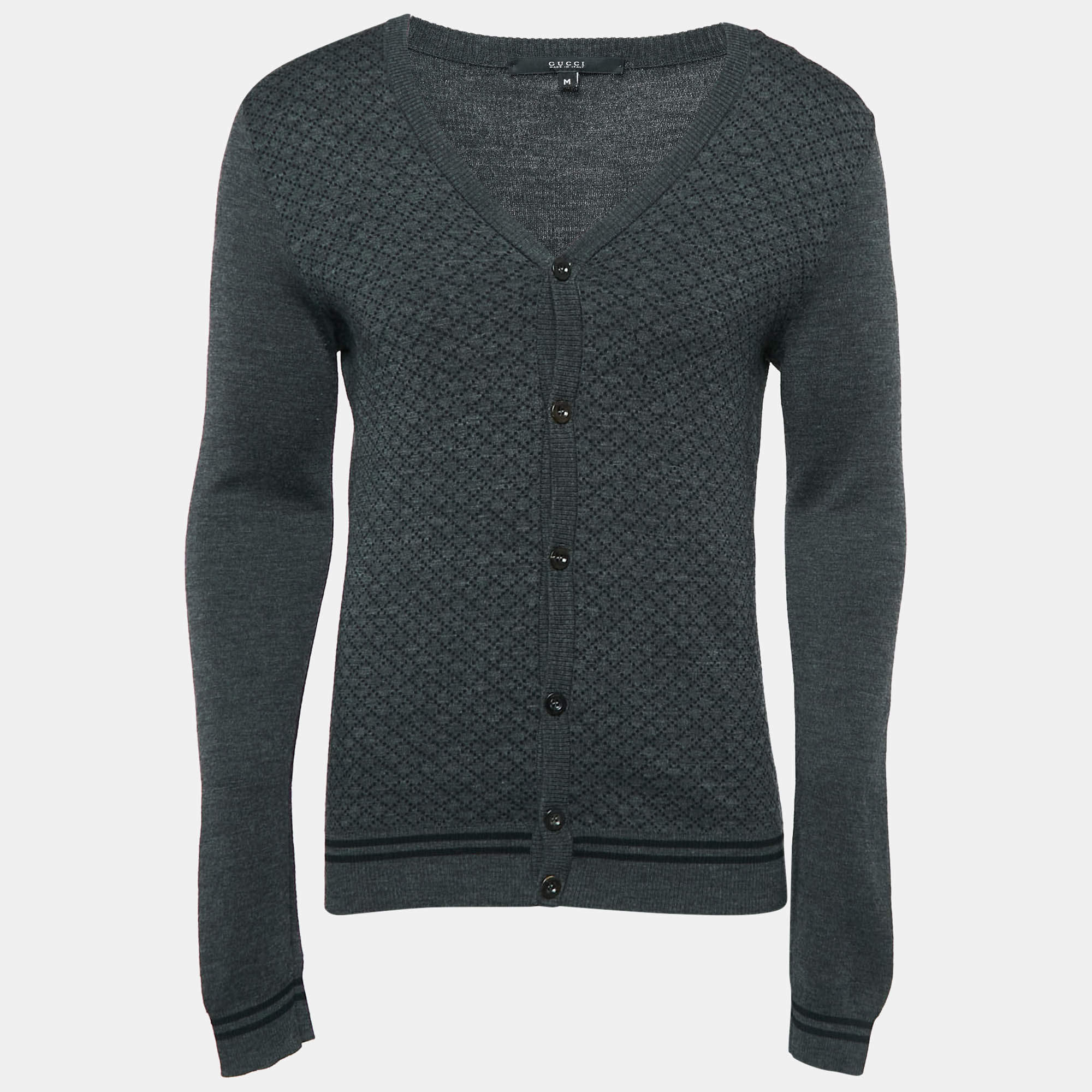 Gucci Charcoal Black Printed Wool Button Front Cardigan M