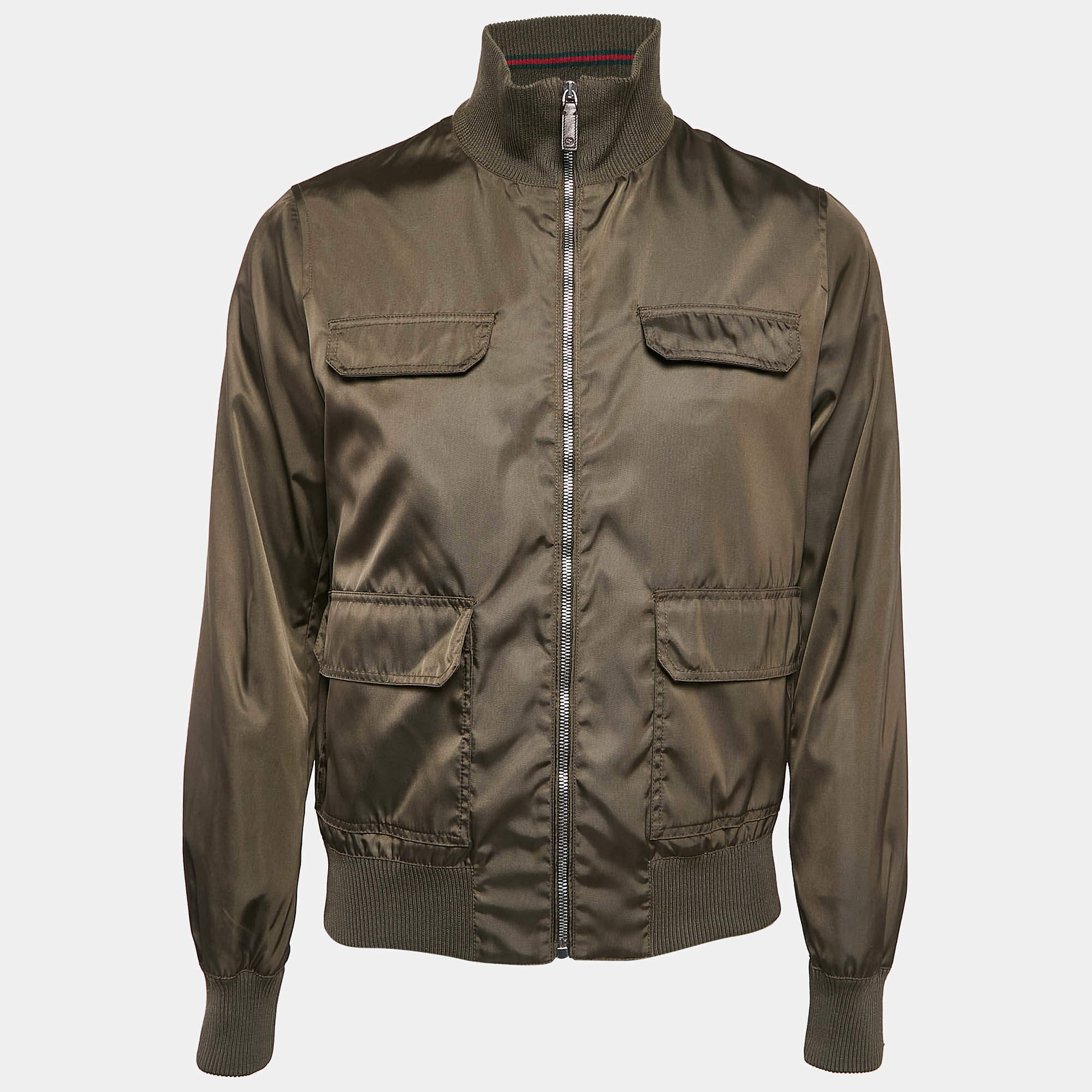 Gucci Olive Green Synthetic Zip-Up Bomber Jacket S