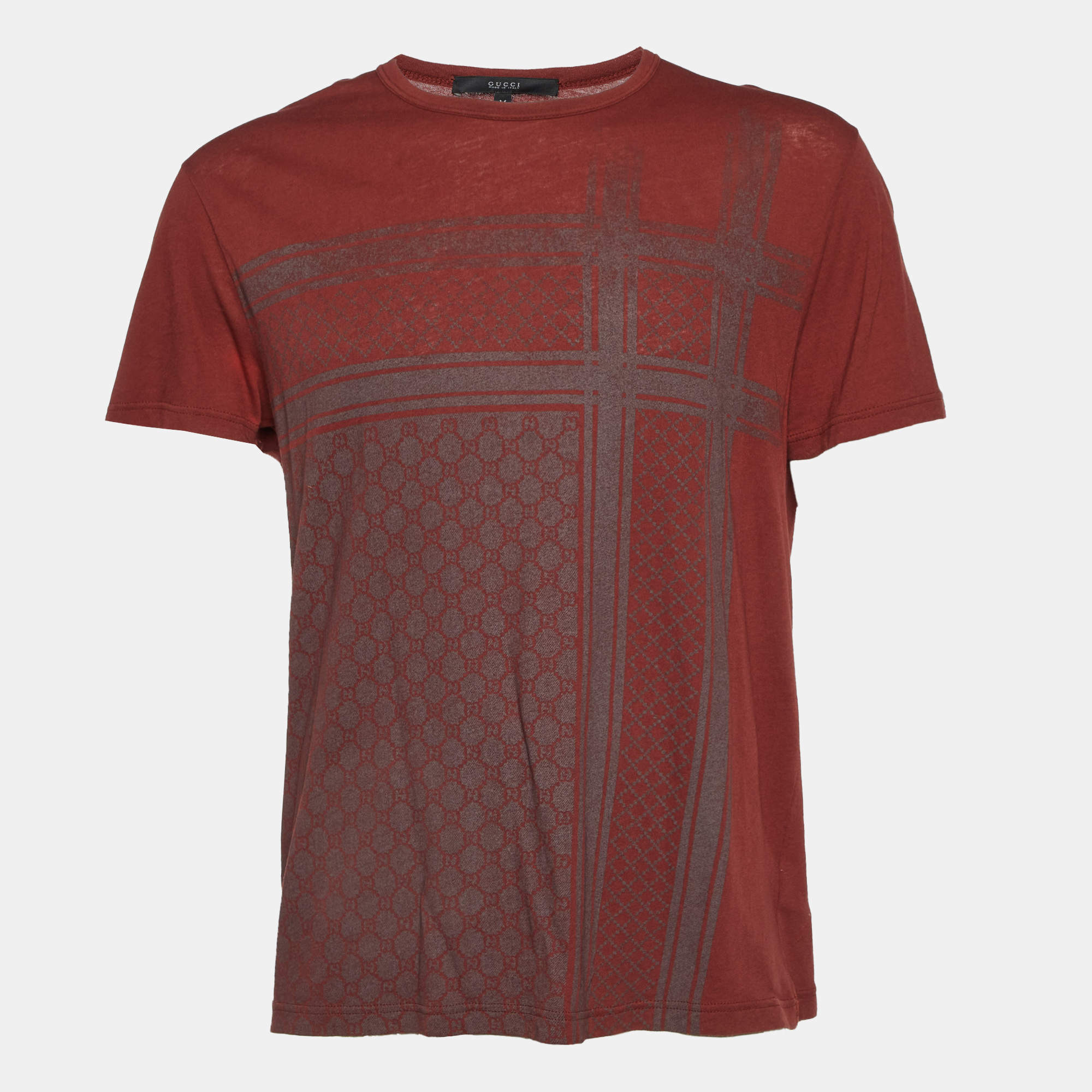 Pre Owned Gucci Dark Red GG Kefia Print Cotton Round Neck T-Shirt M