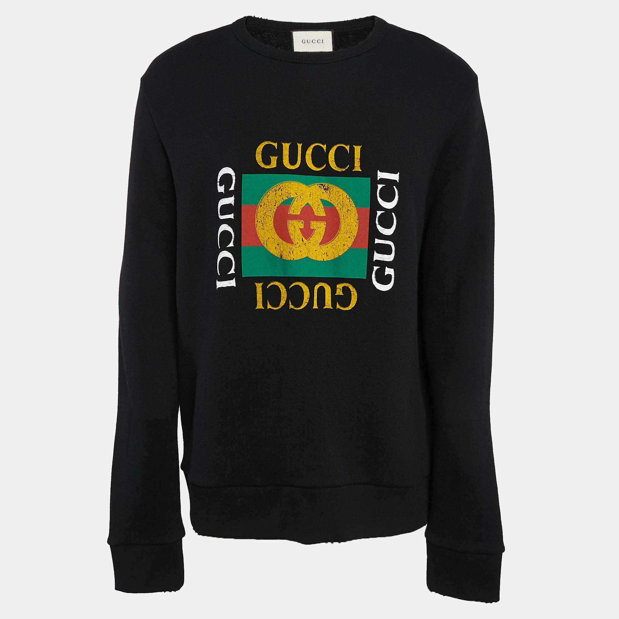 Gucci Black Logo Print Cotton Distressed Sweatshirt L