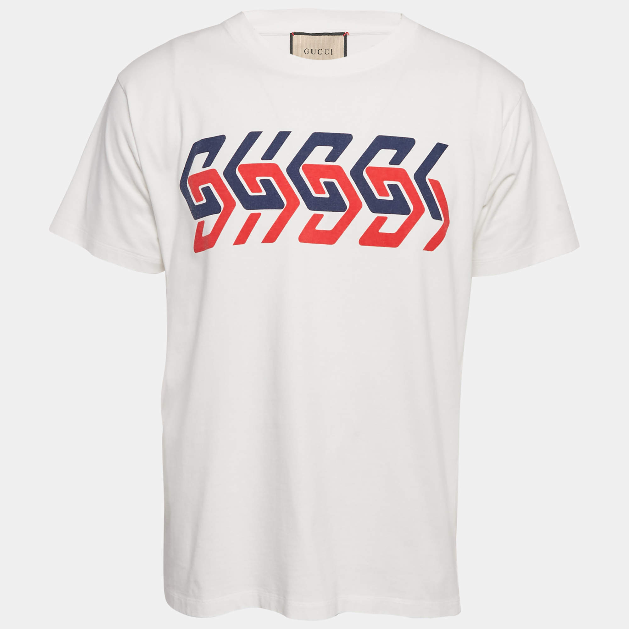 Pre Owned Gucci Off-White Logo Mirror Print Jersey Crew Neck T-Shirt XS