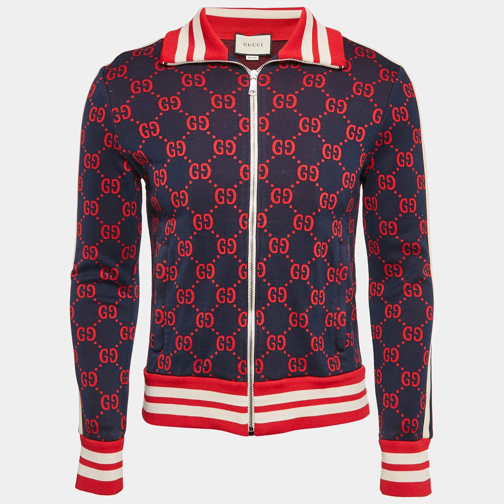 Pre Owned Gucci Navy Blue GG Jacquard Cotton Knit Zip-Up Jacket S