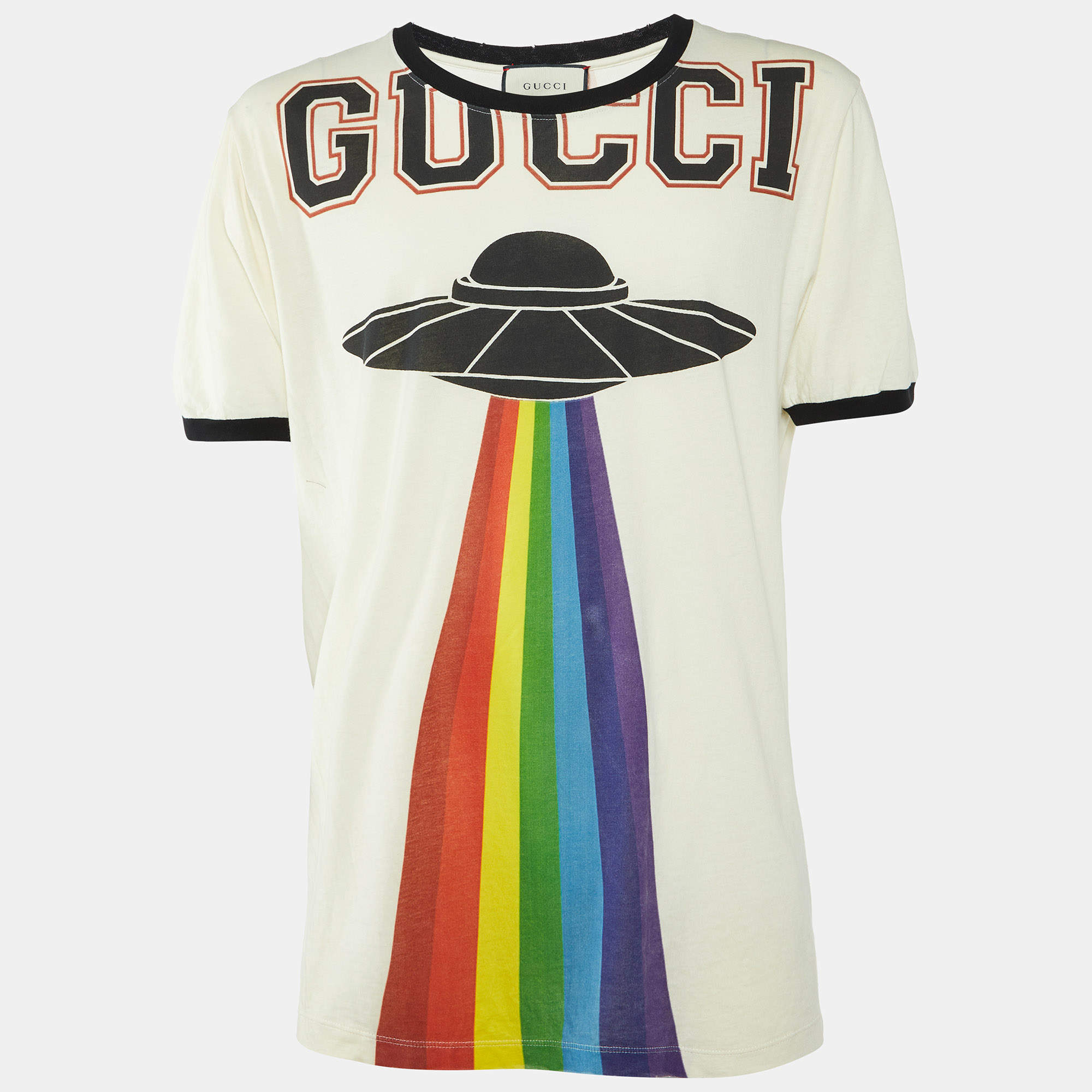 Gucci Cream UFO Print Cotton Distressed Crew Neck T-Shirt XL