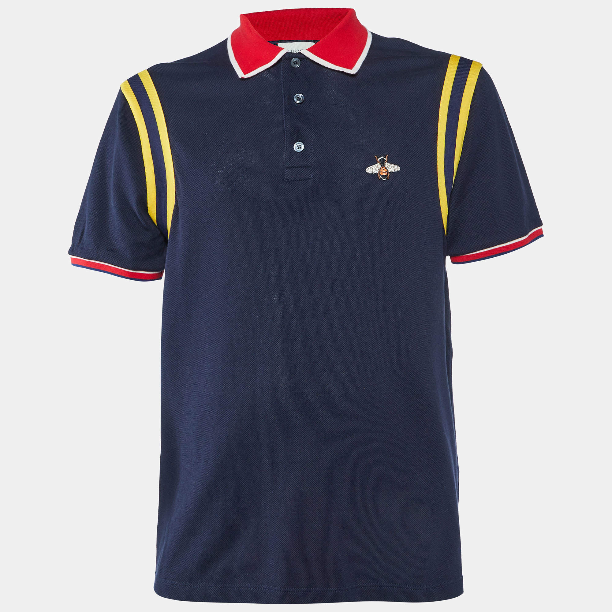 Pre Owned Gucci Navy Blue Cotton Pique Bee Detail Polo T-Shirt XXXL