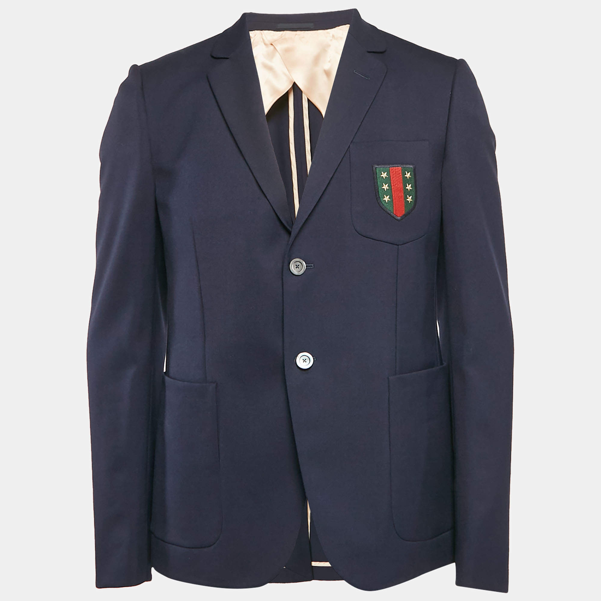 Gucci Navy Blue Badge Applique Gabardine Single Breasted Blazer L
