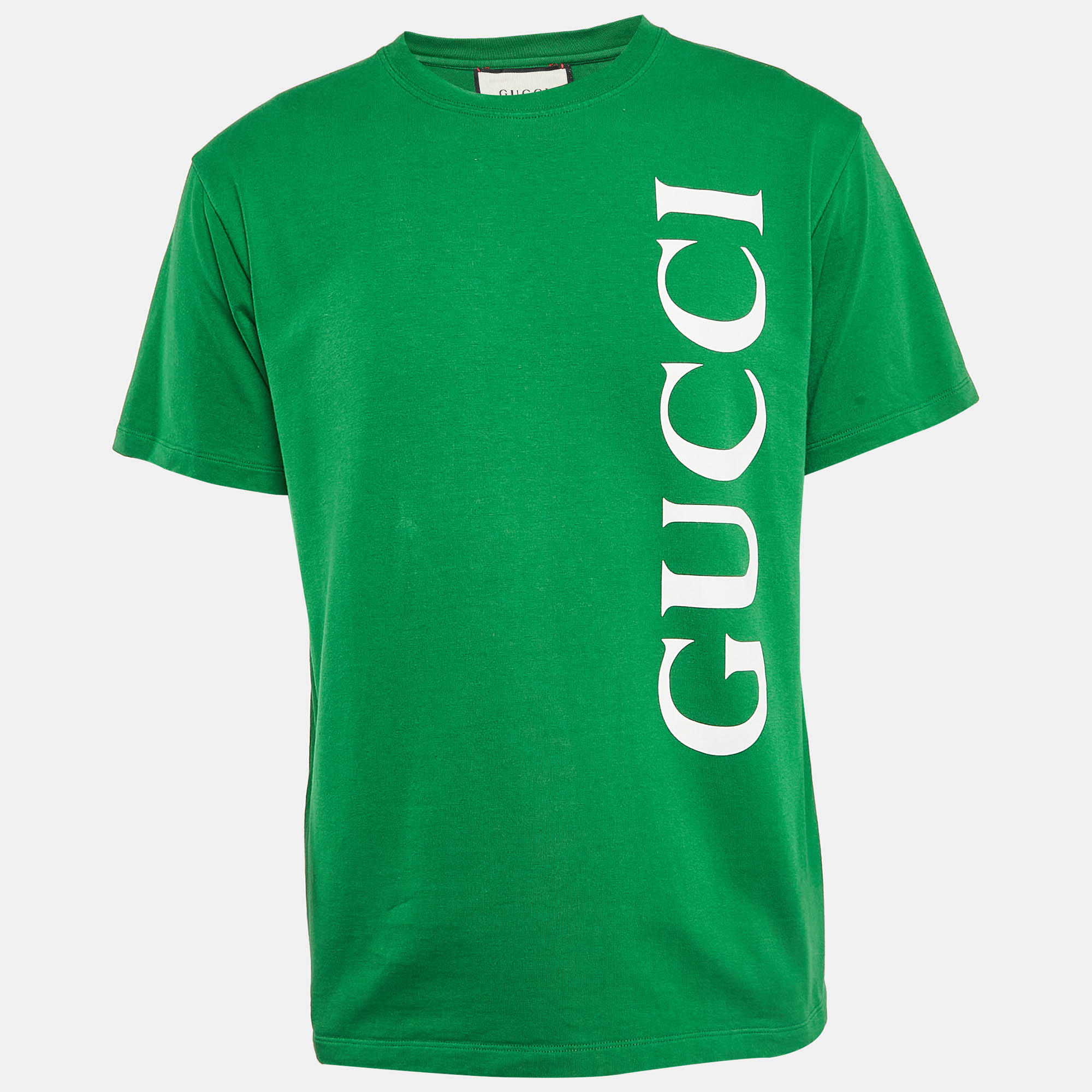 Pre Owned Gucci Green Cotton Logo Print Jersey T-Shirt S