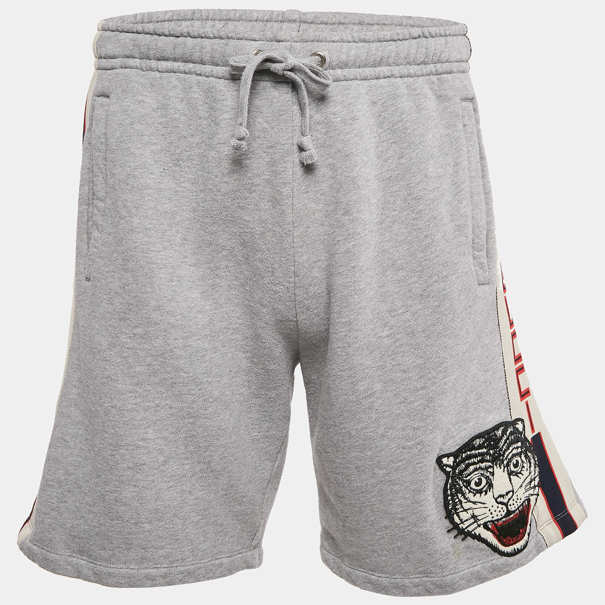 Gucci Grey Tiger Applique Cotton Knit Logo Tape Detail Shorts M
