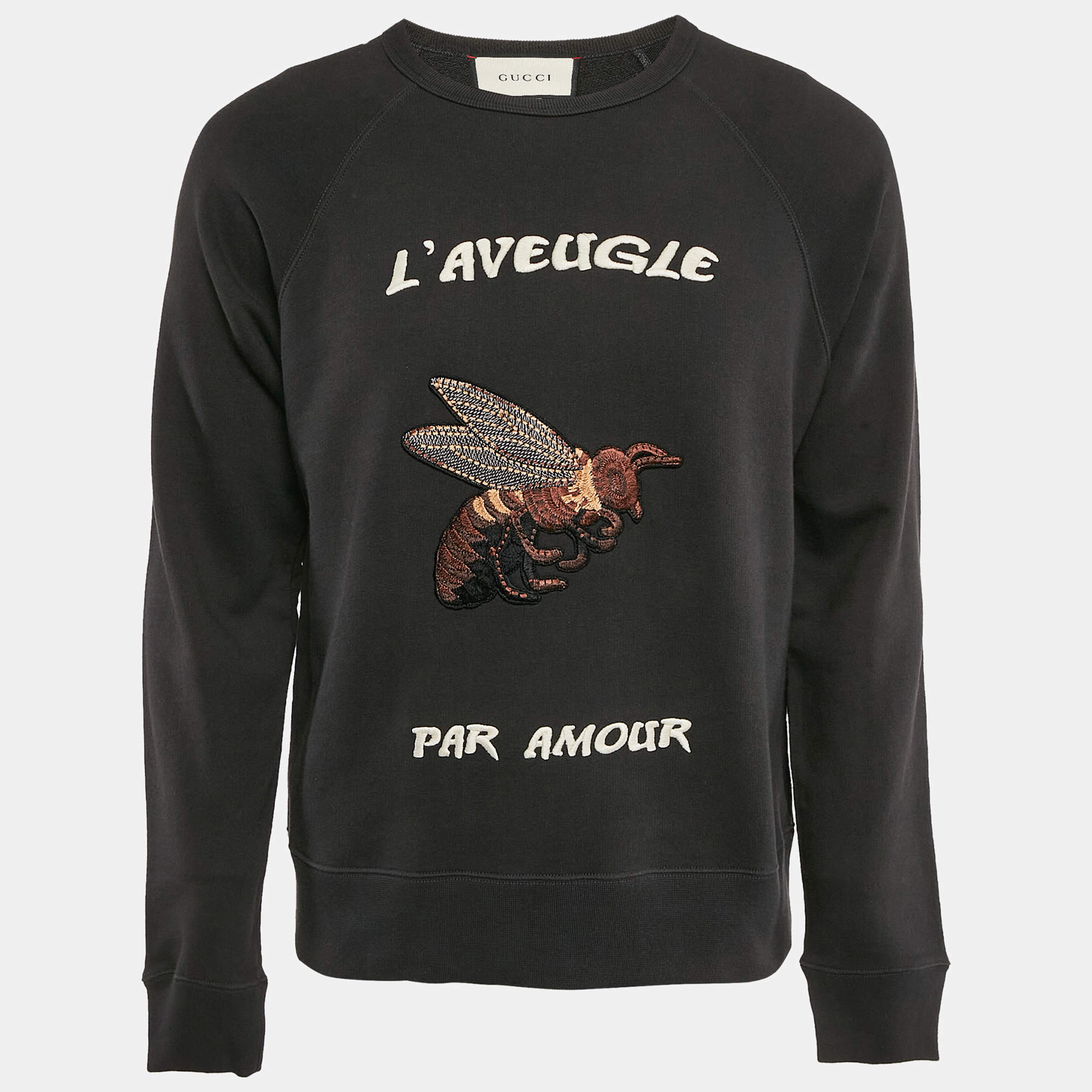 Pre Owned Gucci Charcoal Black Bee Embroidered Cotton Sweatshirt S