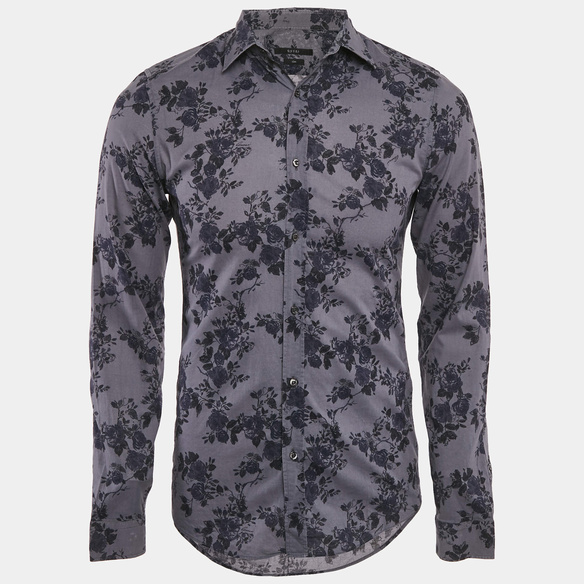 Pre Owned Gucci Grey Floral Print Cotton Button Front Shirt S