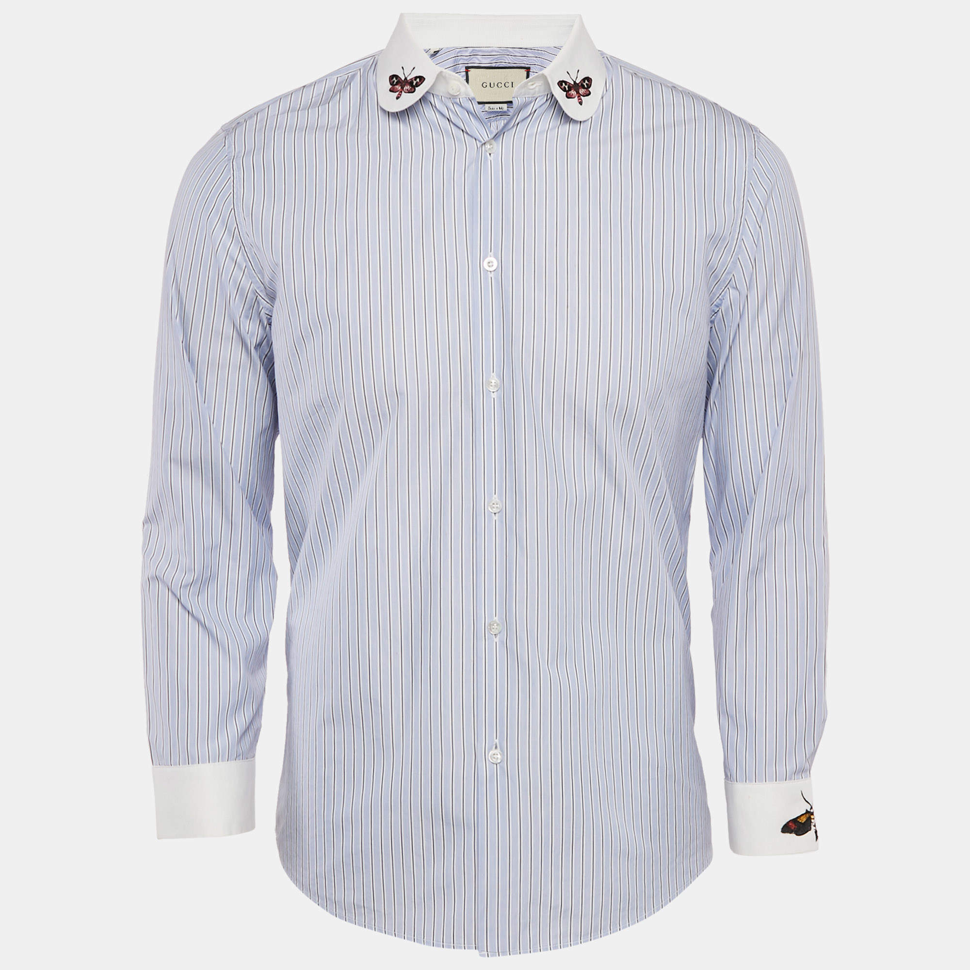 Gucci Blue Striped Cotton Butterfly Embroidered Duke Shirt M