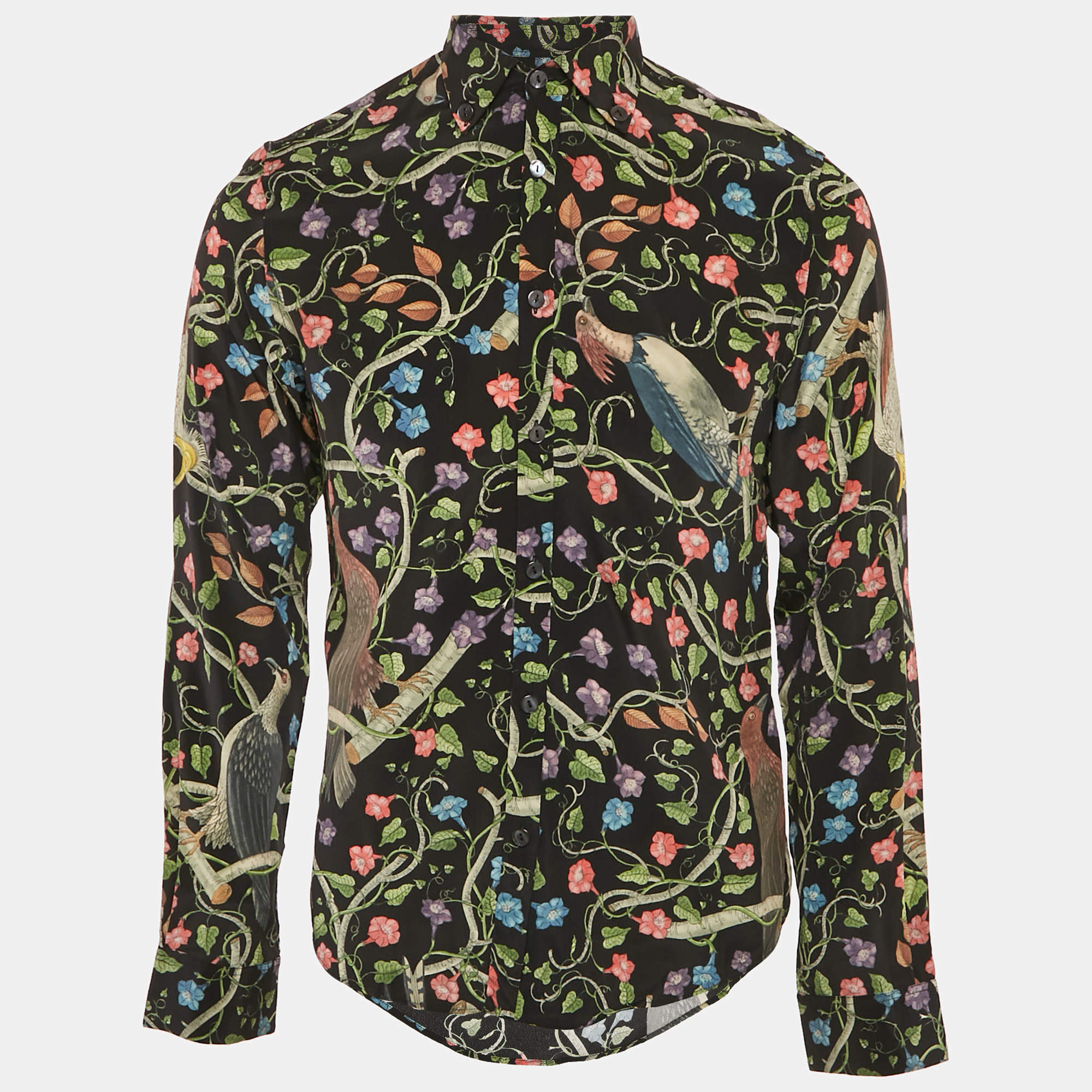 Gucci Black Birds Of Prey Print Silk Button Down Collar Shirt M
