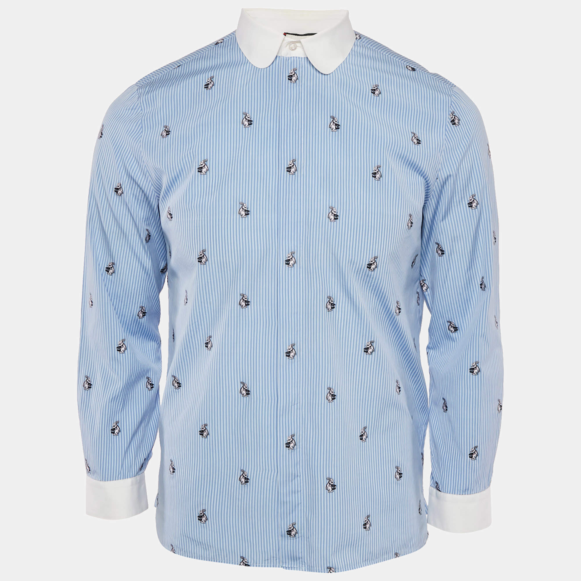 Pre Owned Gucci Blue Striped Cotton Rabbit Embroidered Cambridge Shirt M
