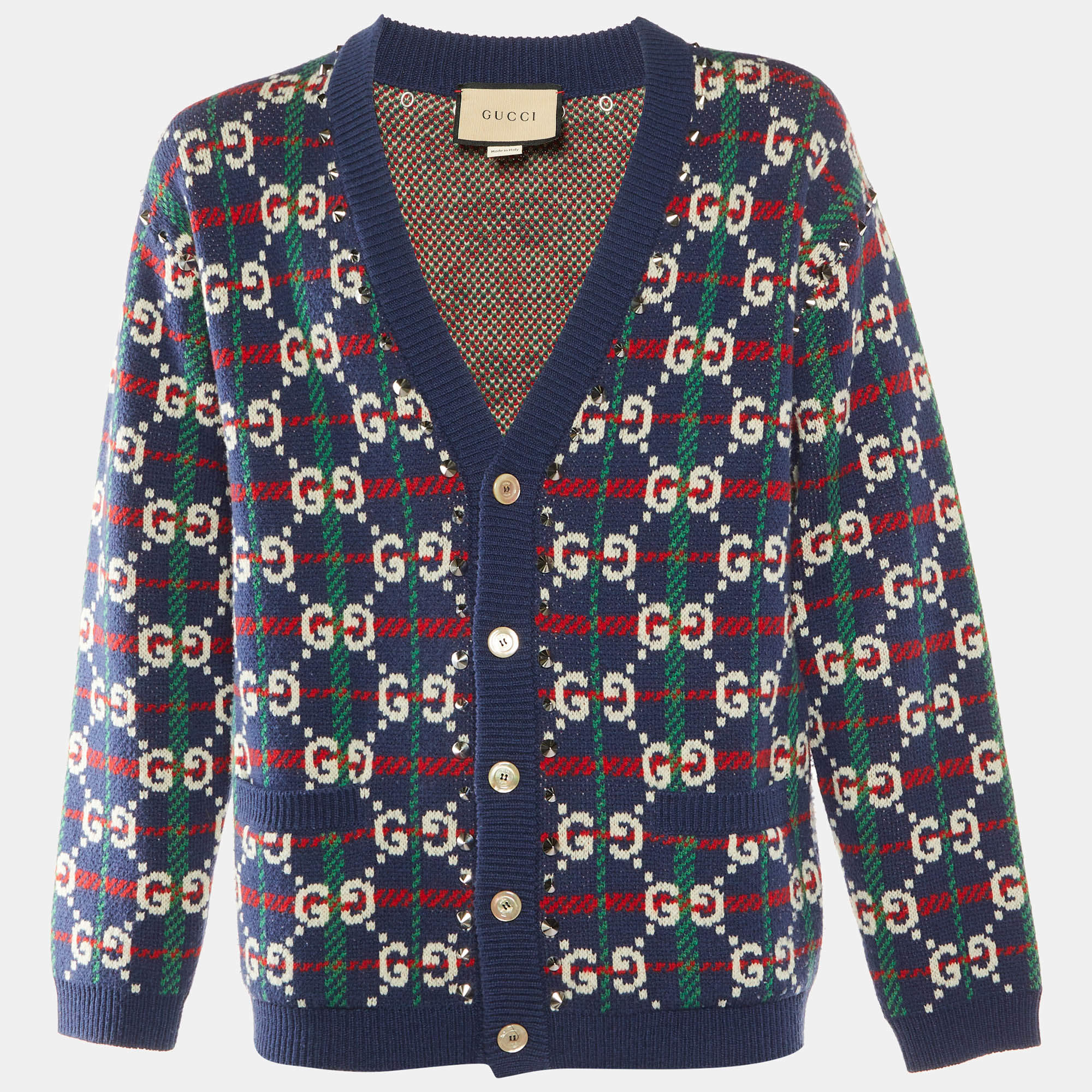 Gucci Navy Blue GG Check Wool Knit Button Front Cardigan M