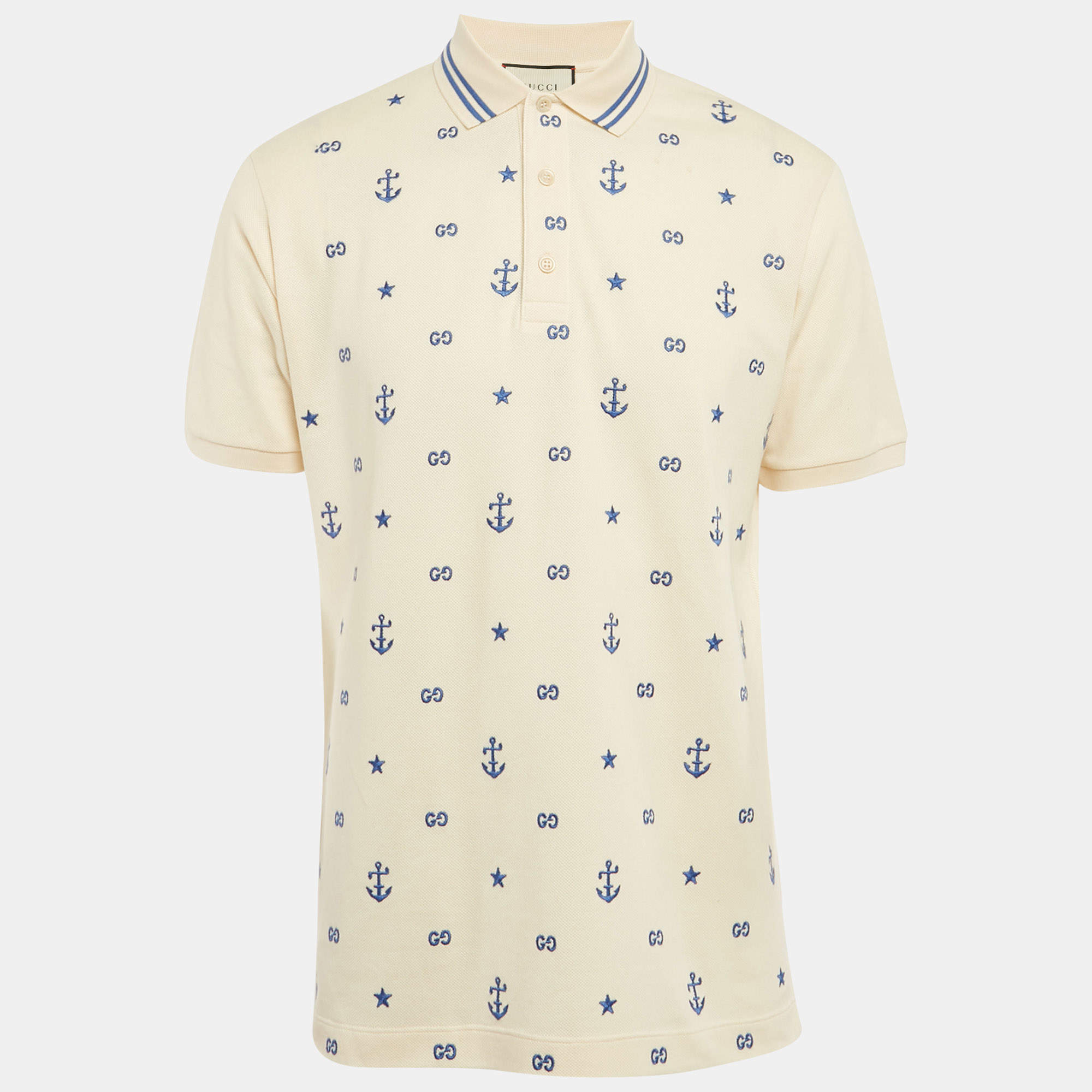 Pre Owned Gucci Cream GG and Anchor Embroidered Pique Polo T-Shirt L