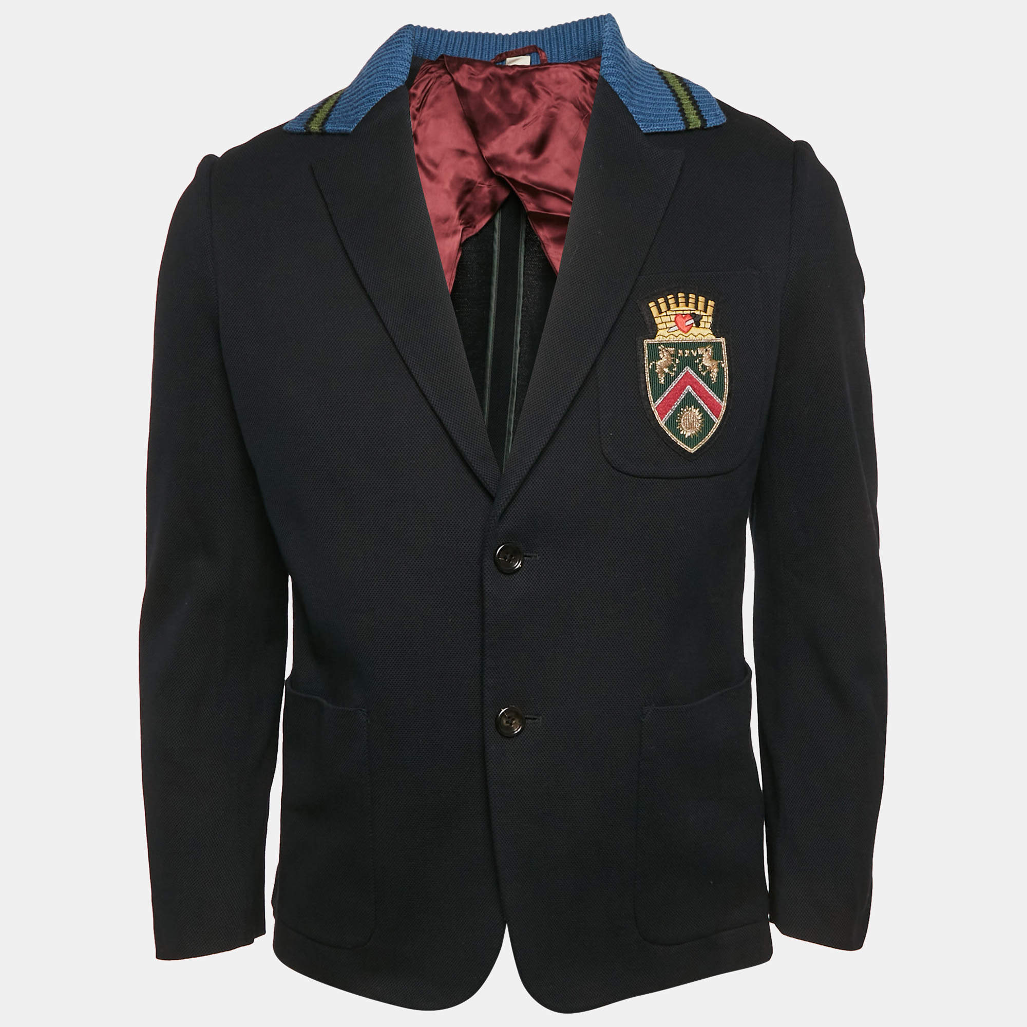 Pre Owned Gucci Black Pique Cotton Applique Detail Single Breasted Jacket M
