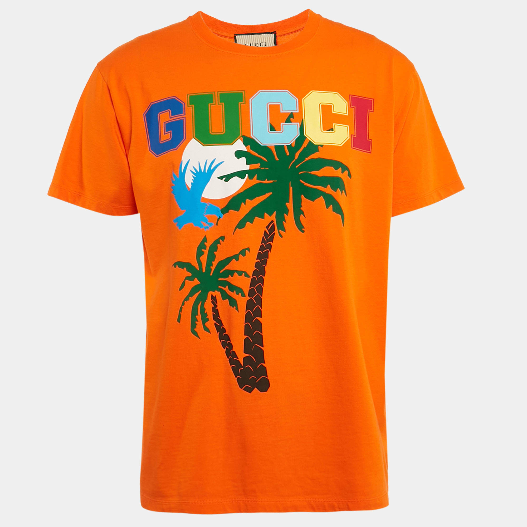 Pre Owned Gucci Orange Gucci Palm Trees Print Cotton Oversized Crew Neck T-Shirt S