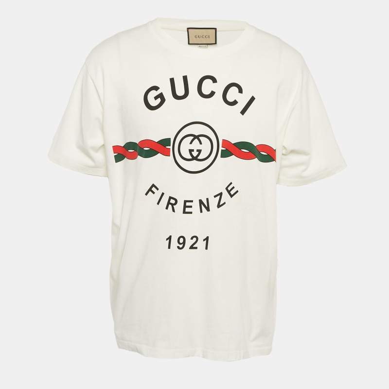 Gucci White Logo Print Cotton Crew Neck T-Shirt M