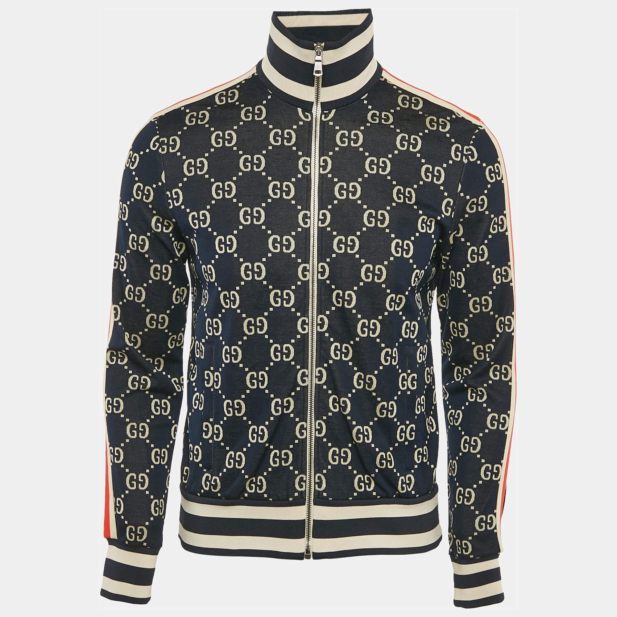 Pre Owned Gucci Navy Blue GG Supreme Jacquard Knit Zip-Up Track Jacket S