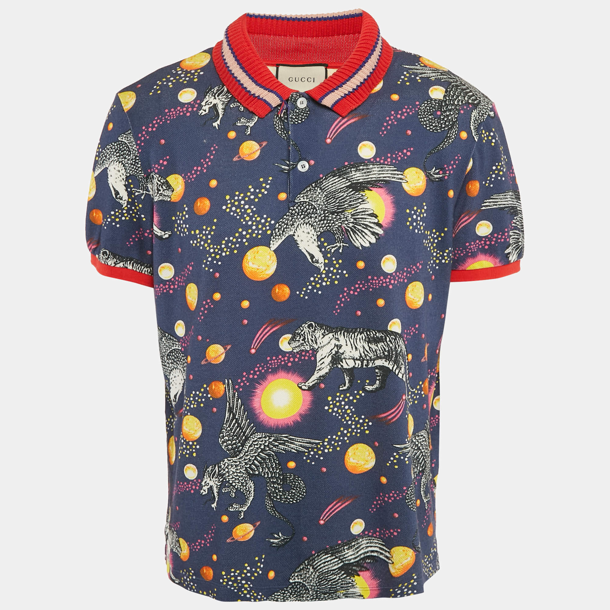 Gucci Blue Printed Cotton Pique Polo T-Shirt XXXL