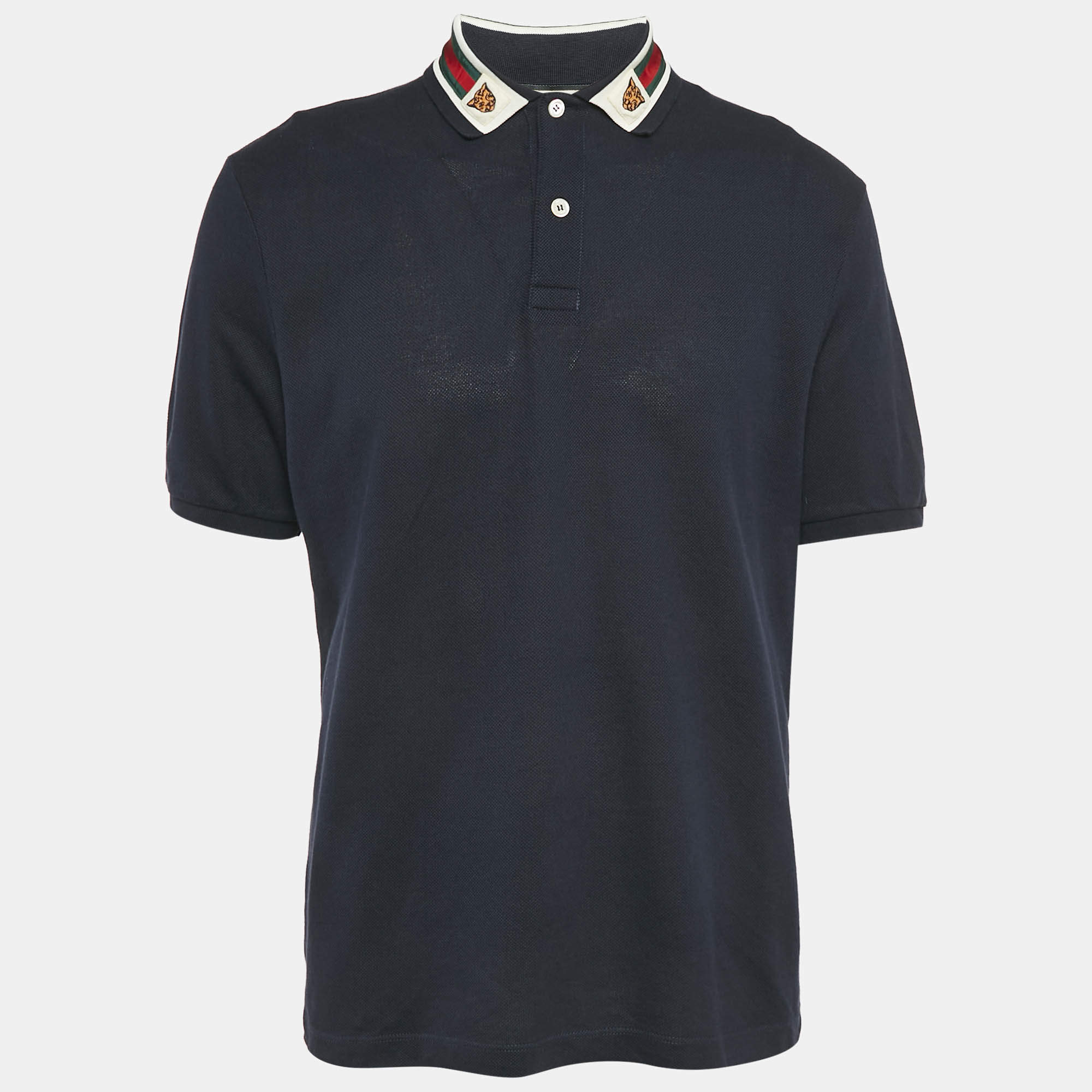 Gucci Navy Blue Cotton Pique Web Collar Detail Polo T-Shirt XL