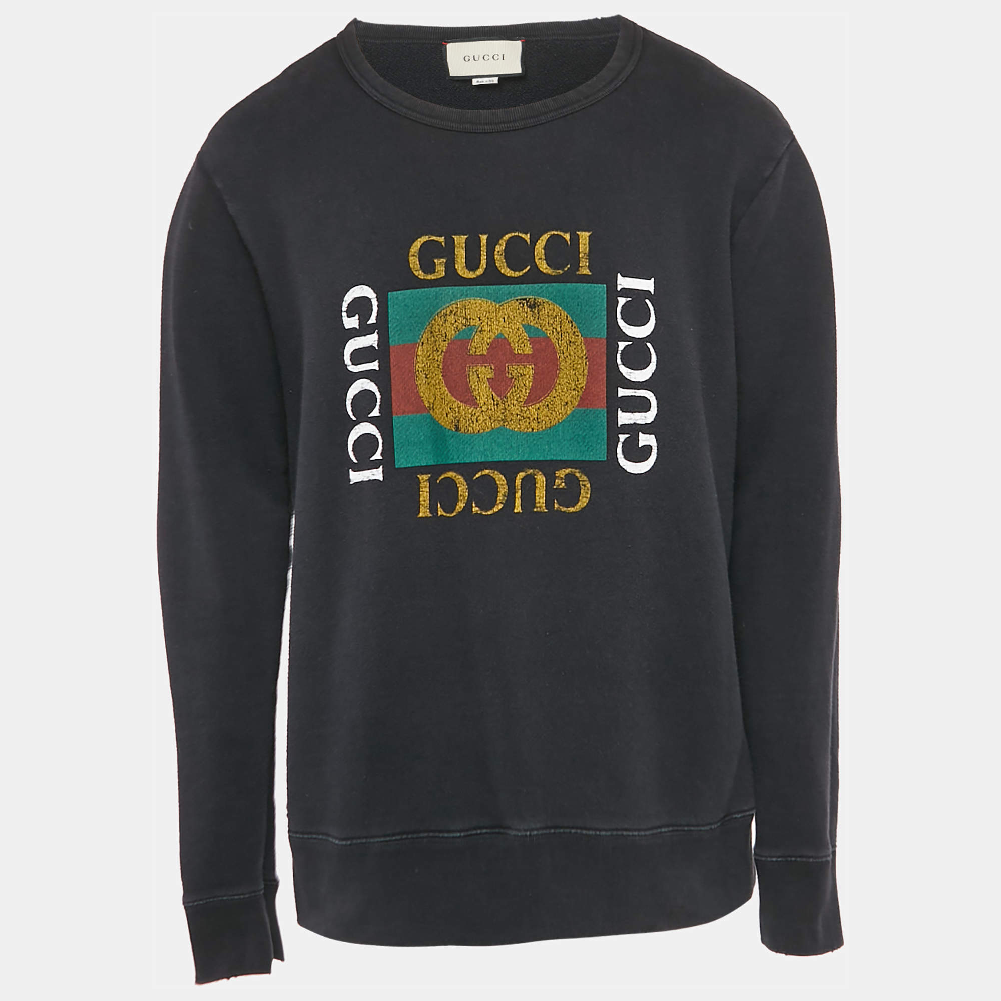 Pre Owned Gucci Black Logo Print Distressed Cotton Crew Neck Sweatshirt XL