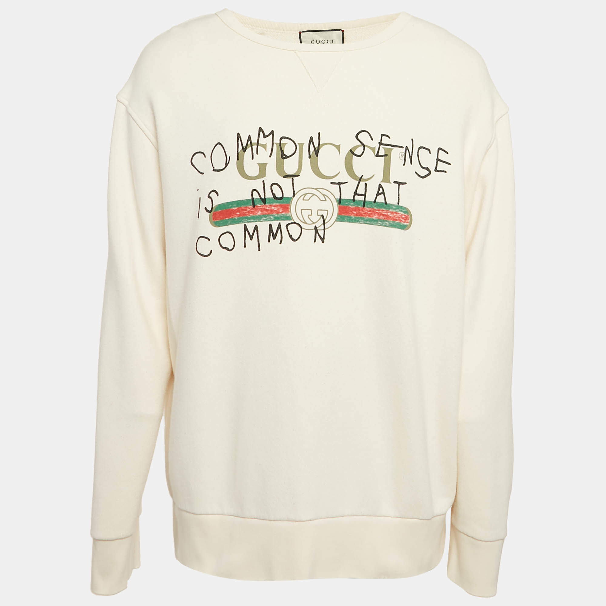 Gucci Off-White Printed Cotton Distressed Crew Neck Sweatshirt XXL