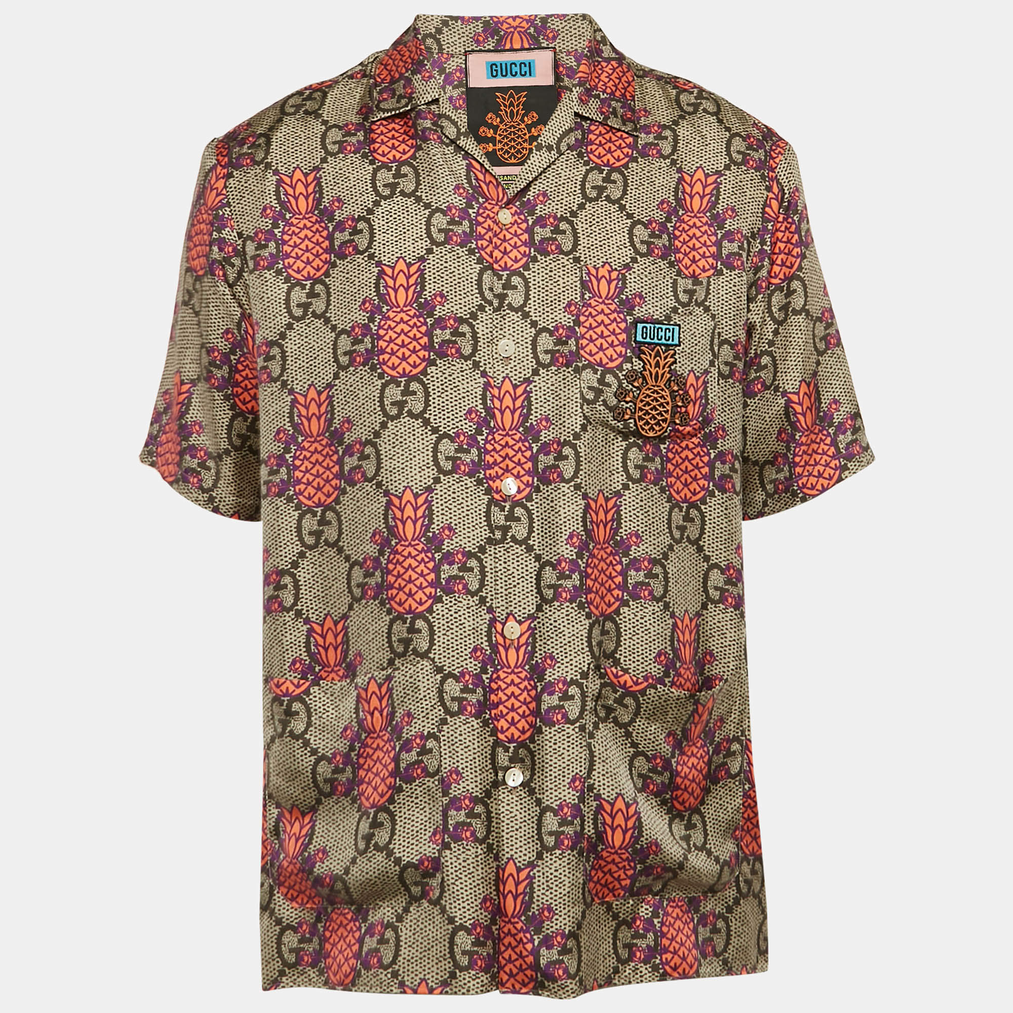 Gucci Brown/Pink Pineapple GG Print Silk Bowling Shirt M