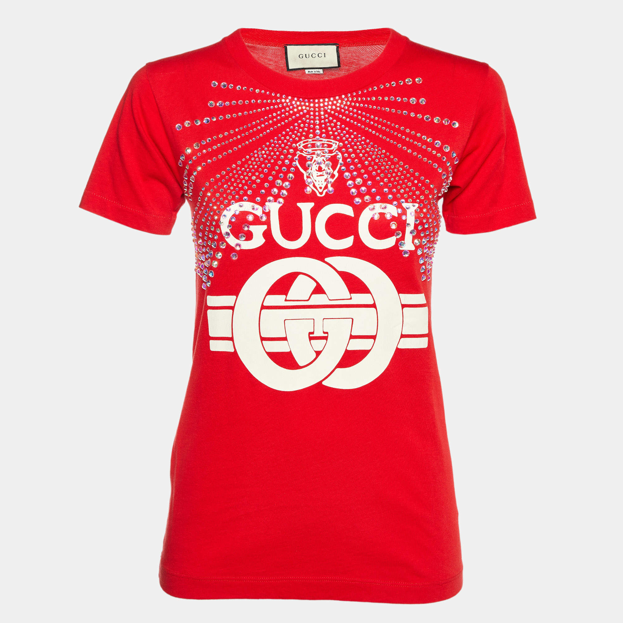 Gucci Red Cotton Logo Crystal Embellished T-Shirt S