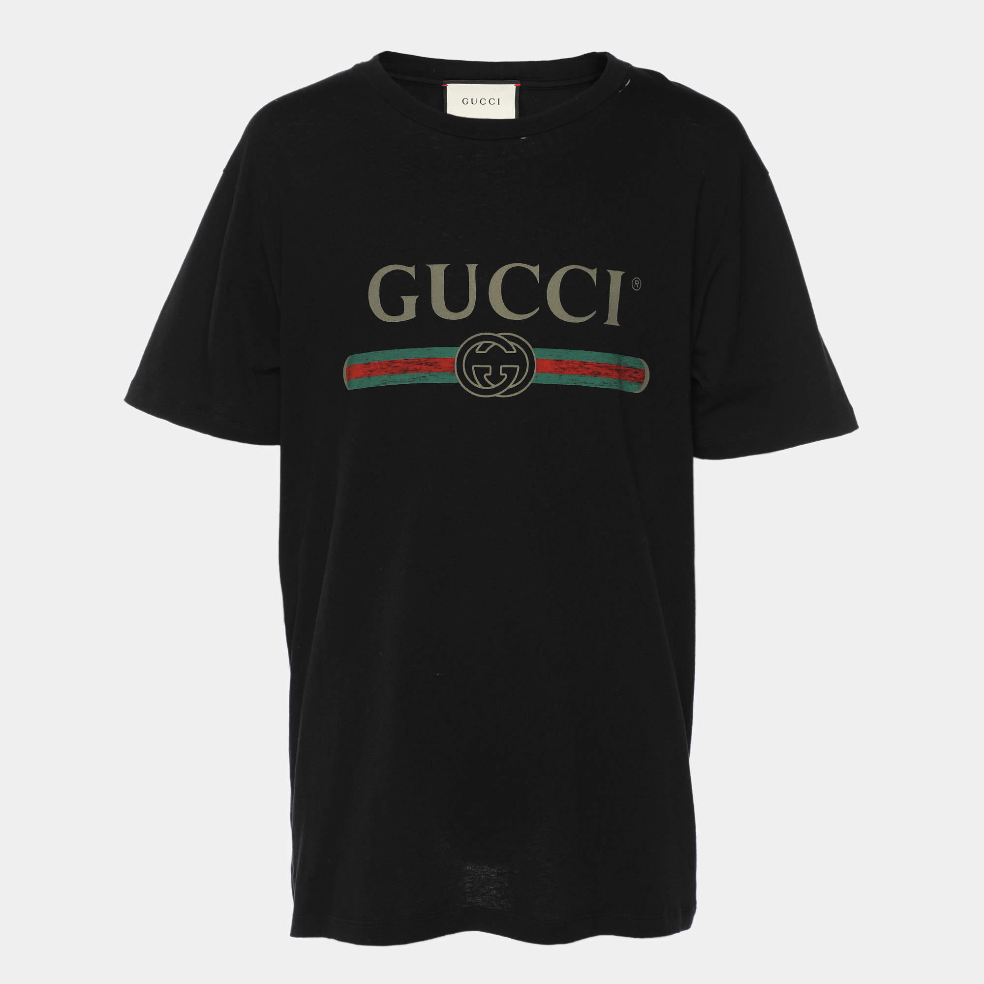 Pre Owned Gucci Black Logo Print Cotton Round Neck T-Shirt L