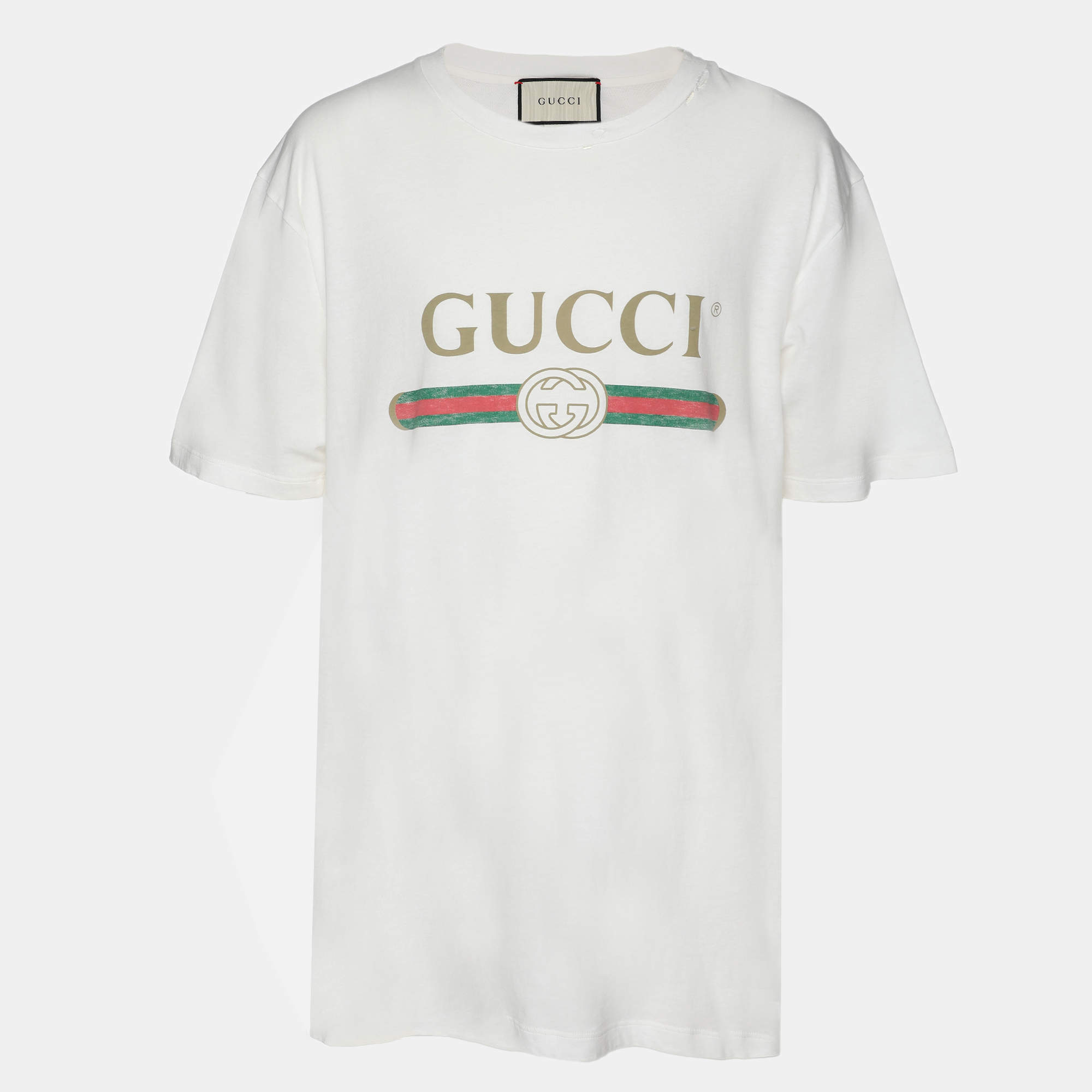 Gucci White Logo Print Cotton Round Neck T-Shirt L