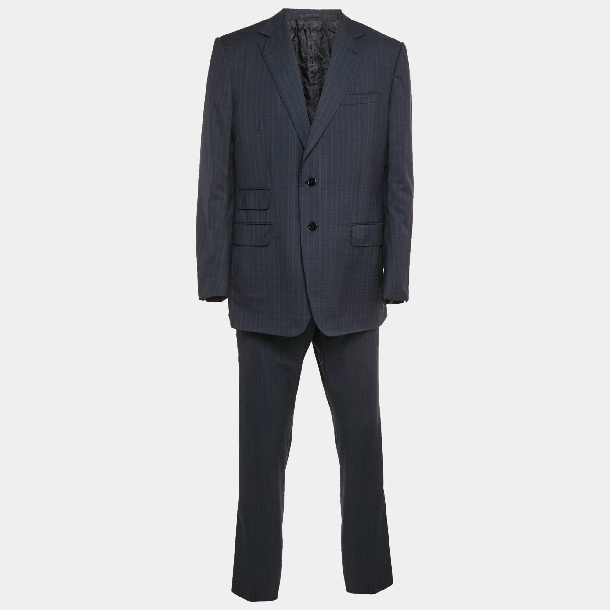 Pre Owned Gucci Navy Blue Plaid Wool Tailored Pants Suit XXXL